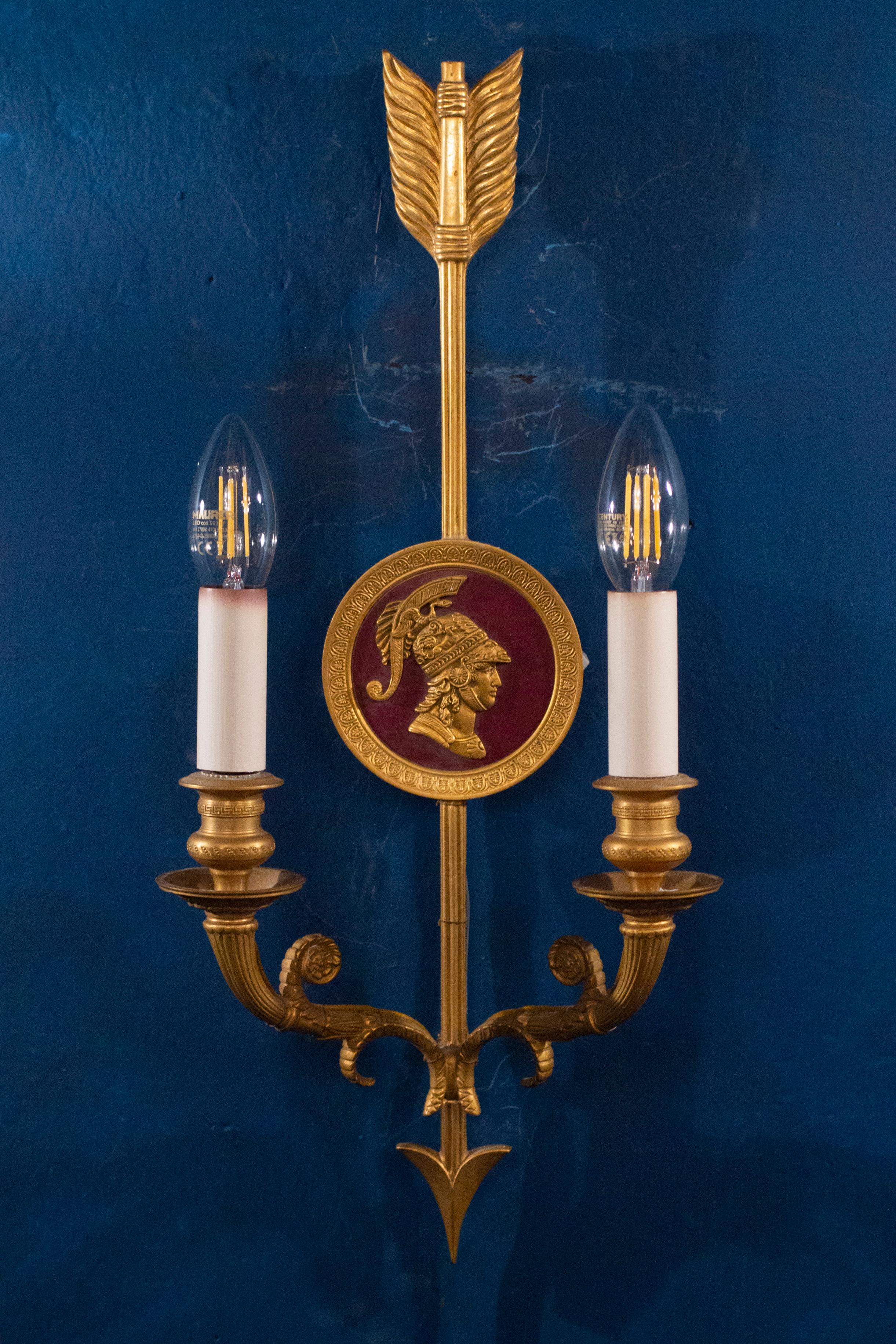 Italian Pair of Bronze Two-Light Neoclassical Wall Sconces, 19th Century For Sale