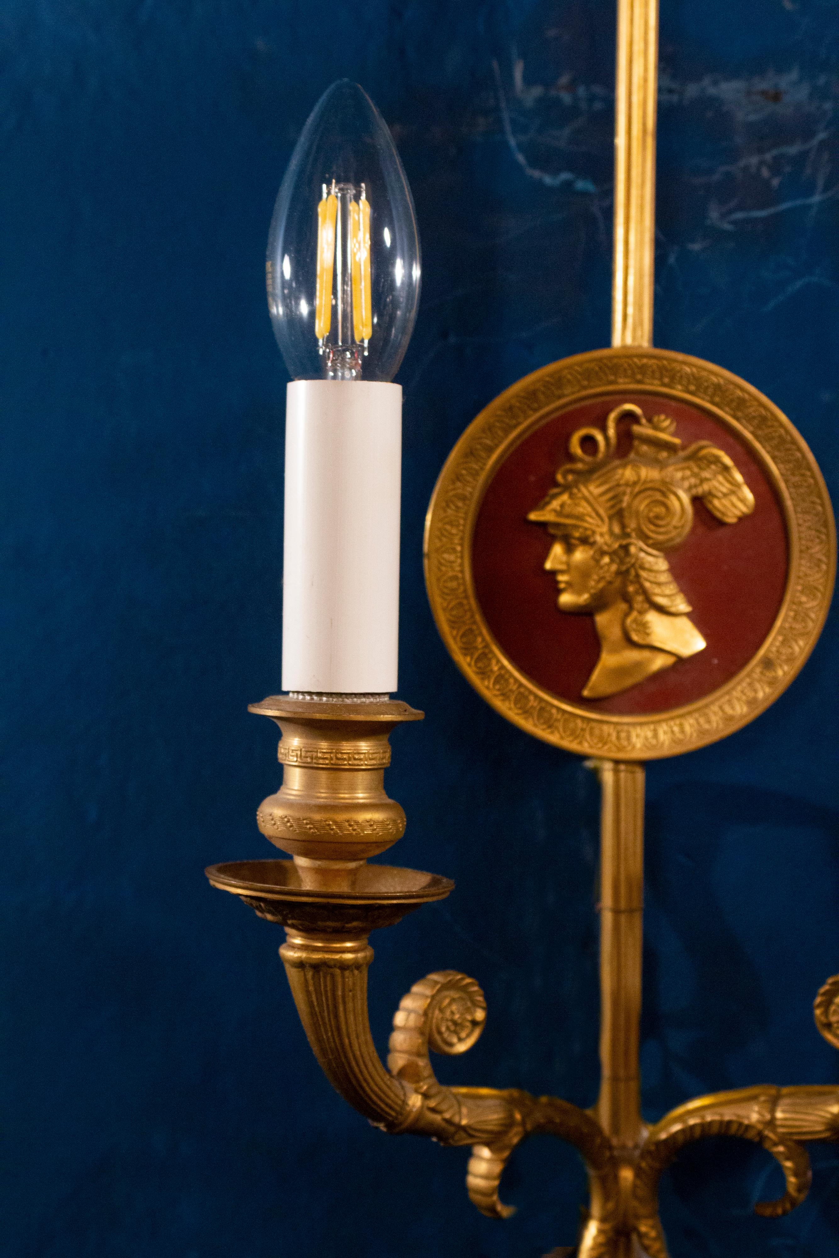 Pair of Bronze Two-Light Neoclassical Wall Sconces, 19th Century For Sale 1