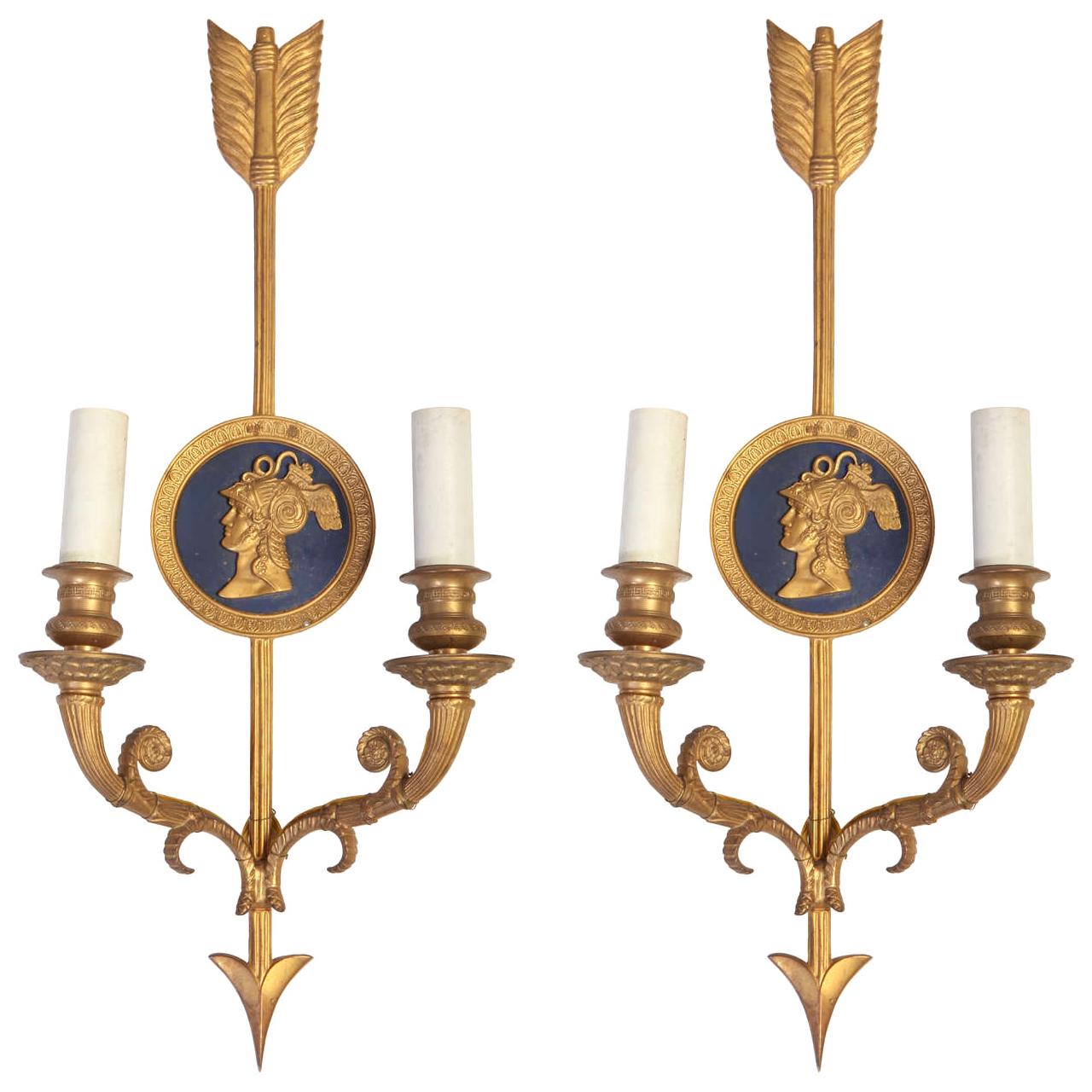 Italian Pair of Bronze Two-Light Neoclassical Wall Sconces For Sale