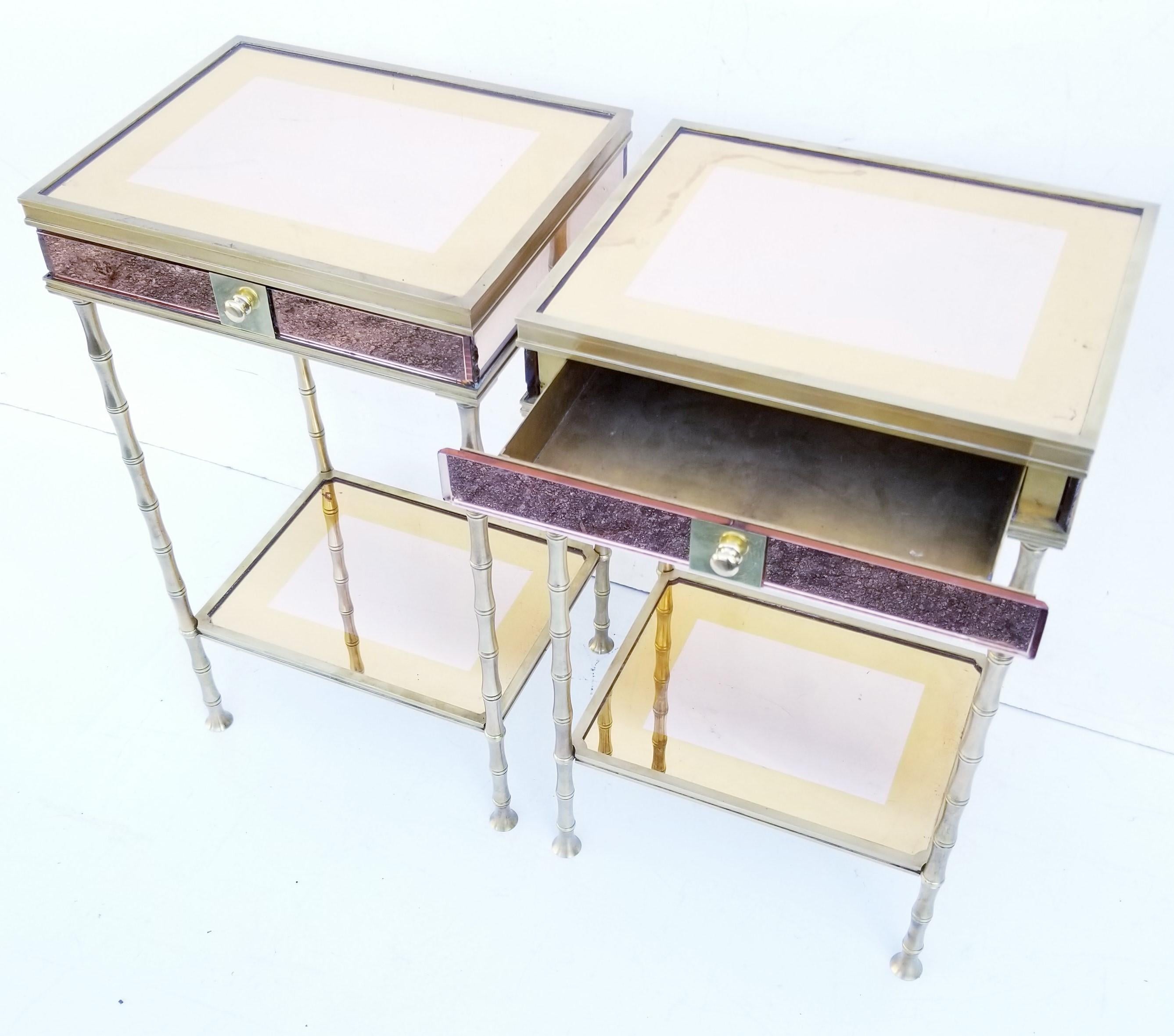 Brass Pair of Bronze and Two-Tone Mirrors Side Table For Sale