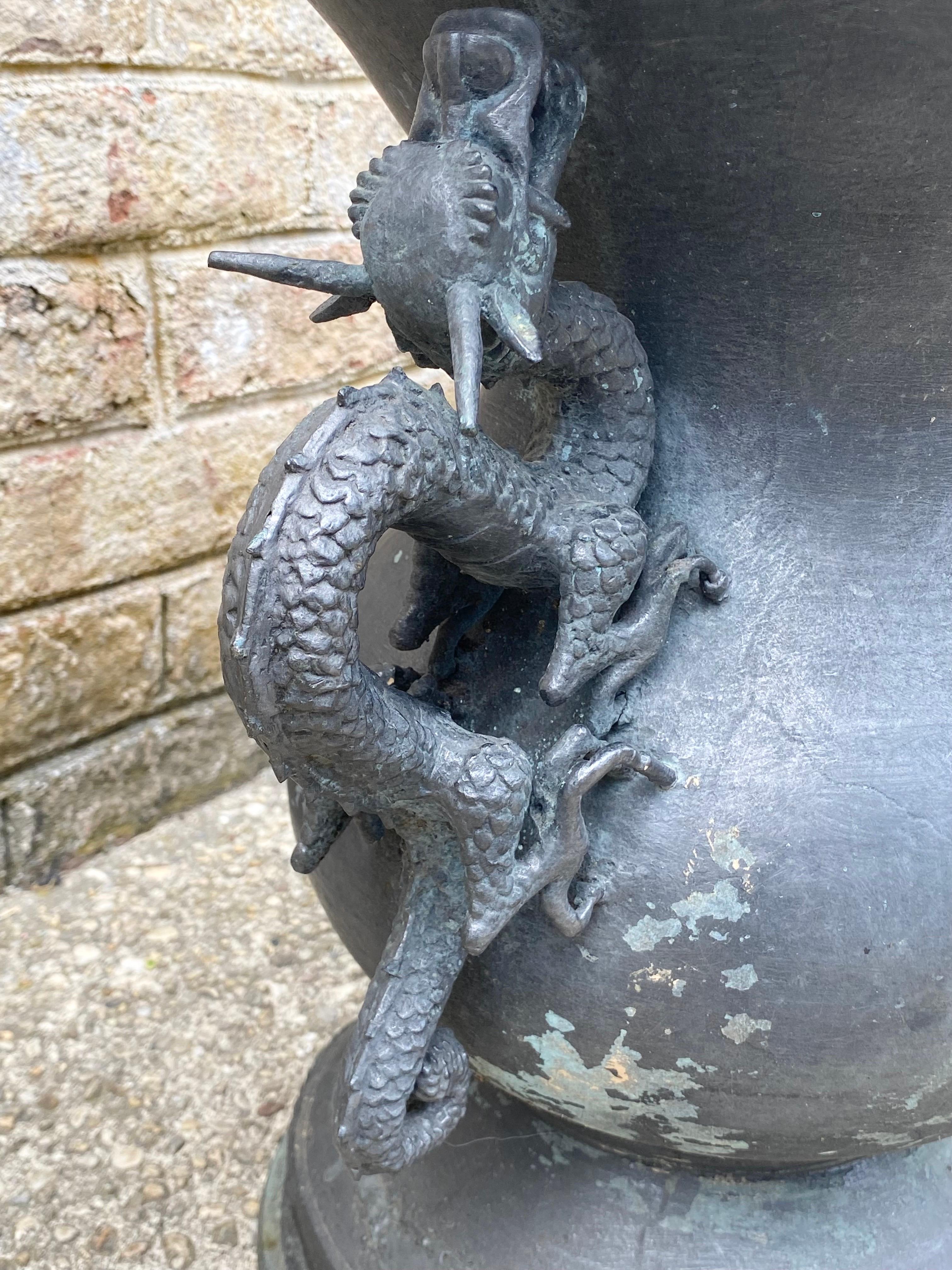Pair of Bronze Urns with Dragon Handles For Sale 8