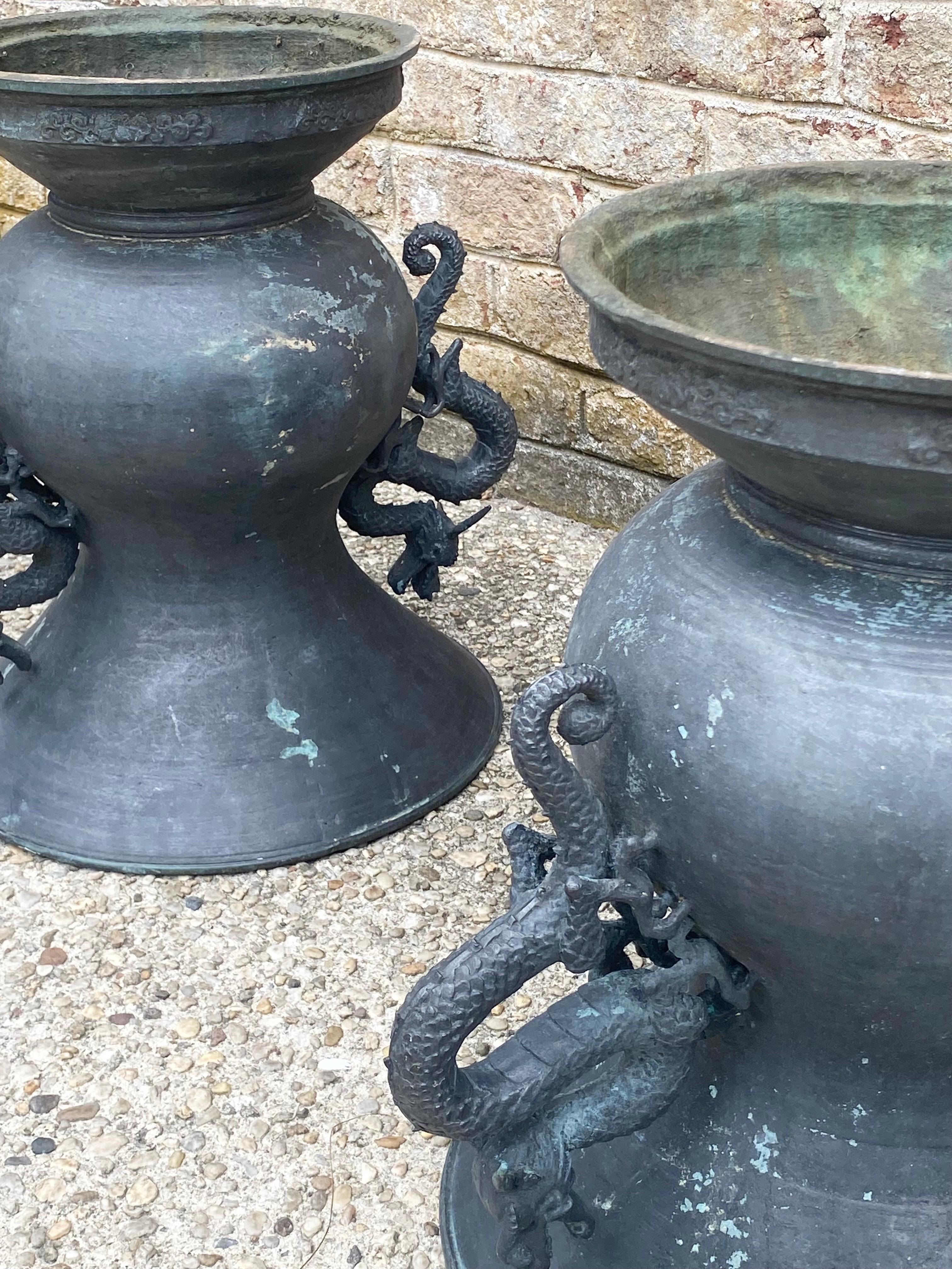 Pair of Bronze Urns with Dragon Handles For Sale 11