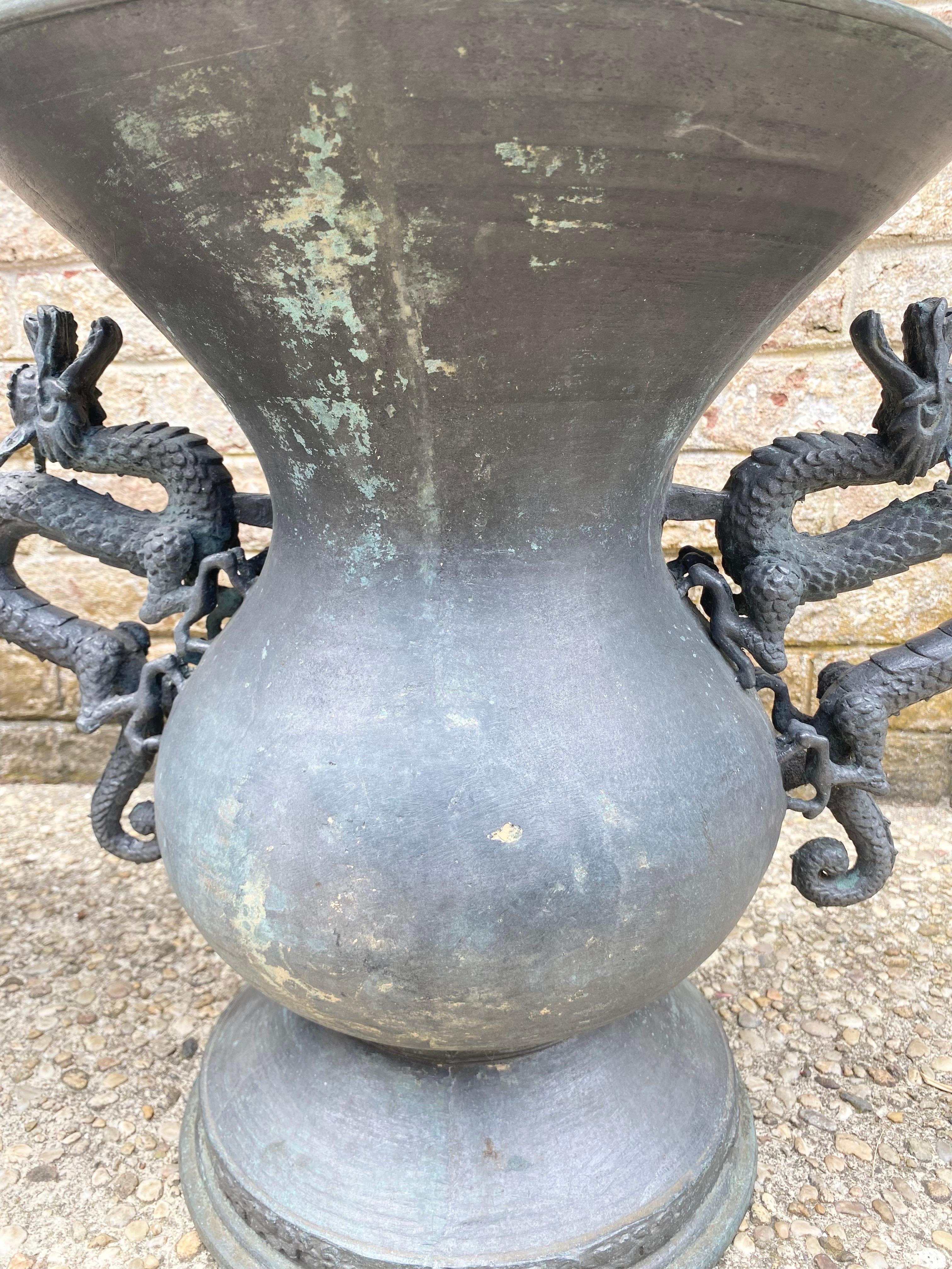 Pair of Bronze Urns with Dragon Handles For Sale 3