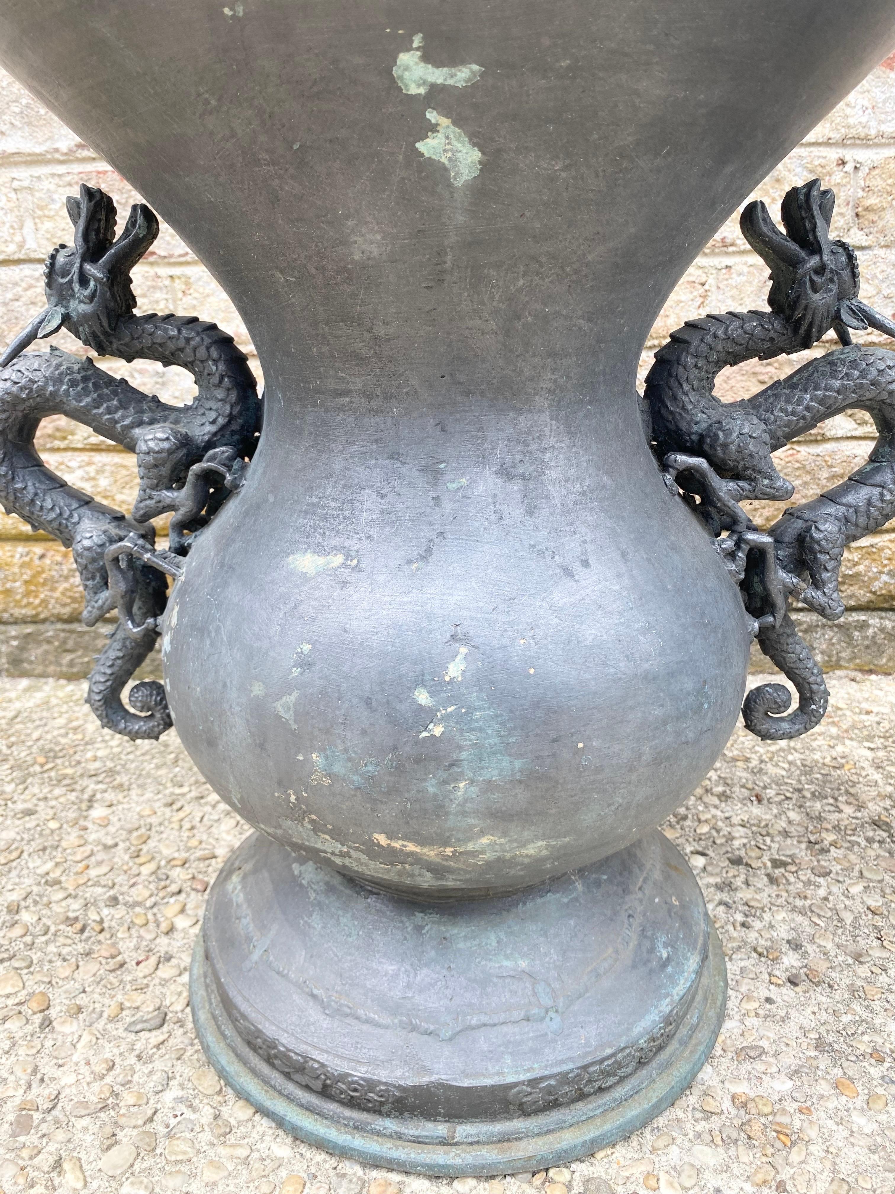 Pair of Bronze Urns with Dragon Handles For Sale 4