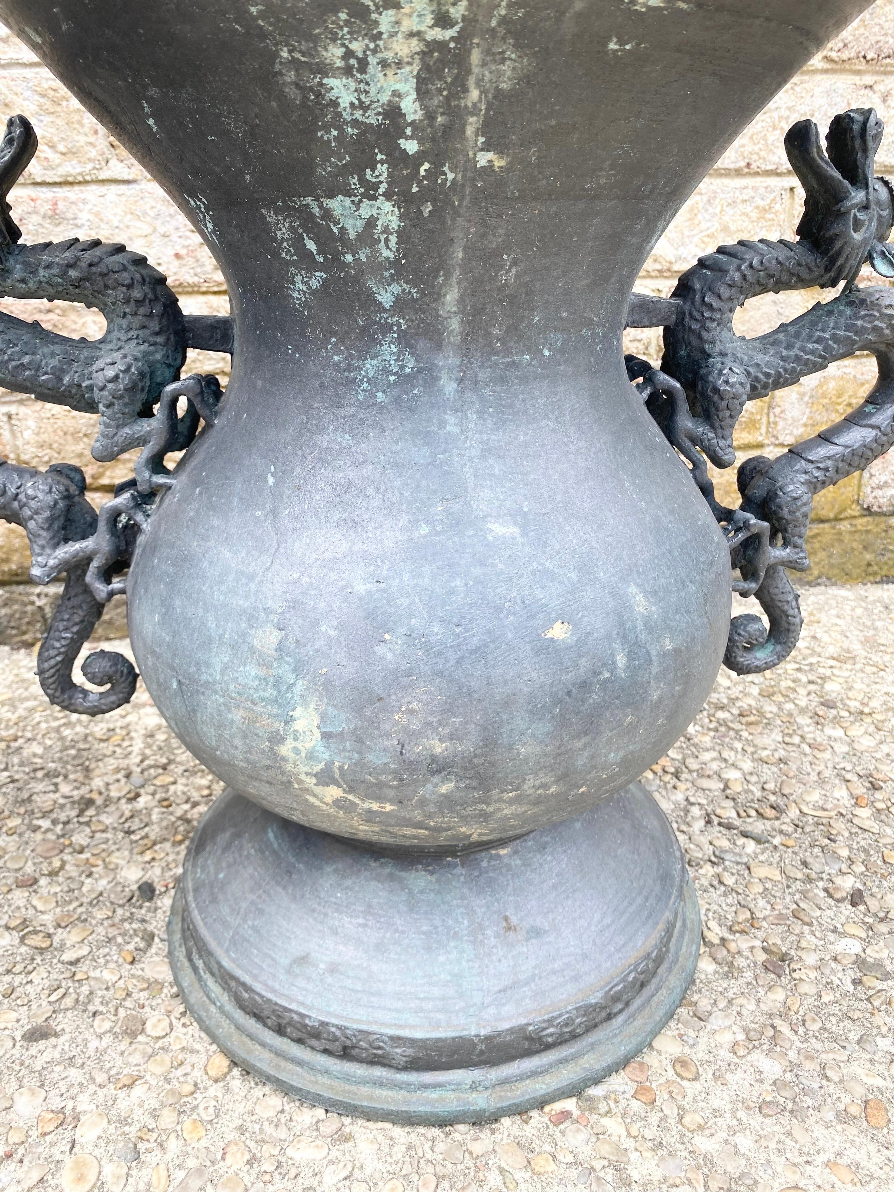 Pair of Bronze Urns with Dragon Handles For Sale 5
