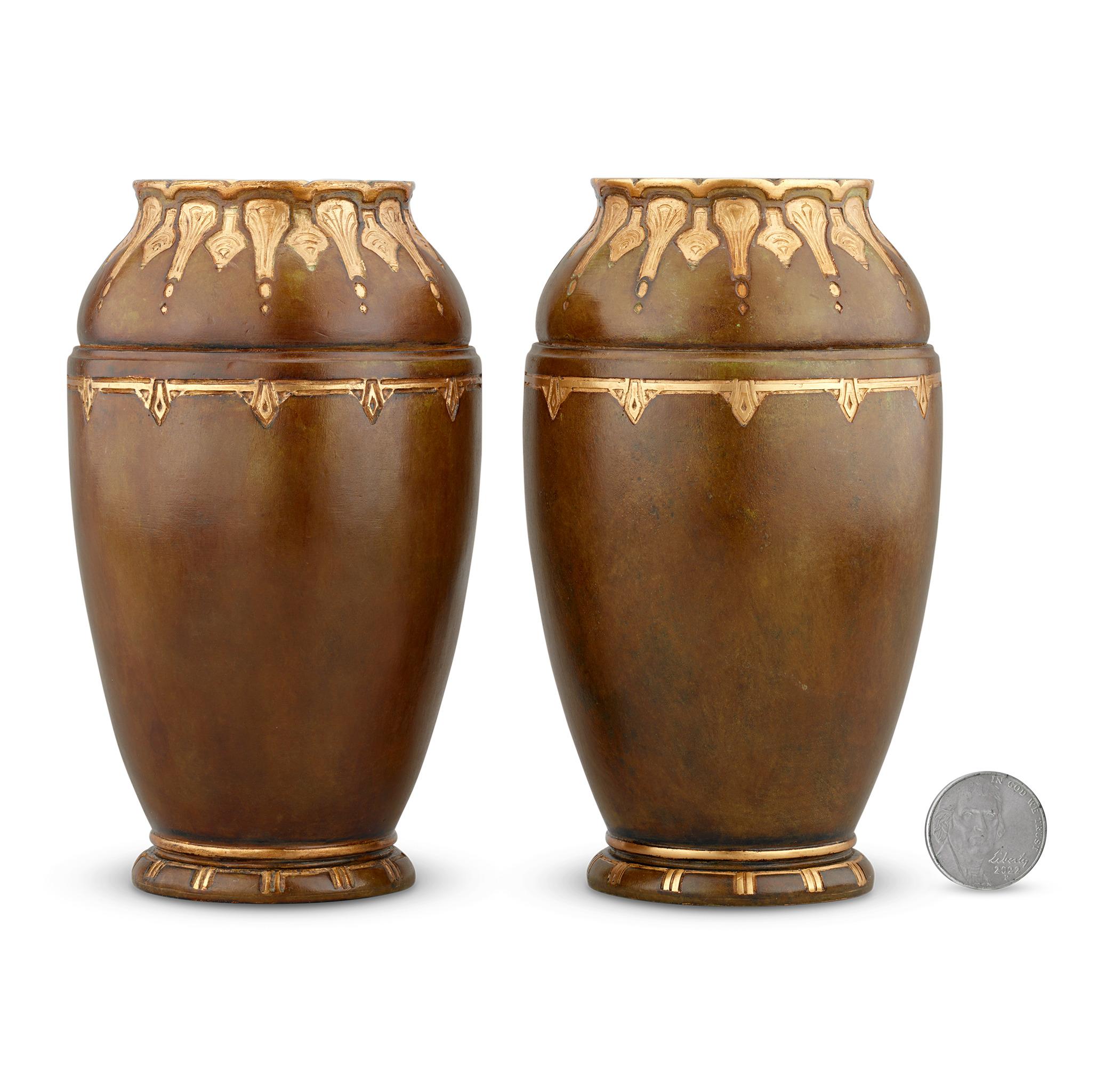 Pair of Gilded Bronze Vases
Christofle
Circa 1930

This rare pair of Christofle bronze vases epitomizes the pinnacle of French decorative arts from the Art Nouveau era, representing the extraordinary craftsmanship of one of Europe's most prestigious