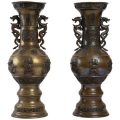 Pair of Bronze Vases with Handles Dragon Shaped