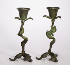Coppia di portacandele scultorei in bronzo Verdigris Art Nouveau