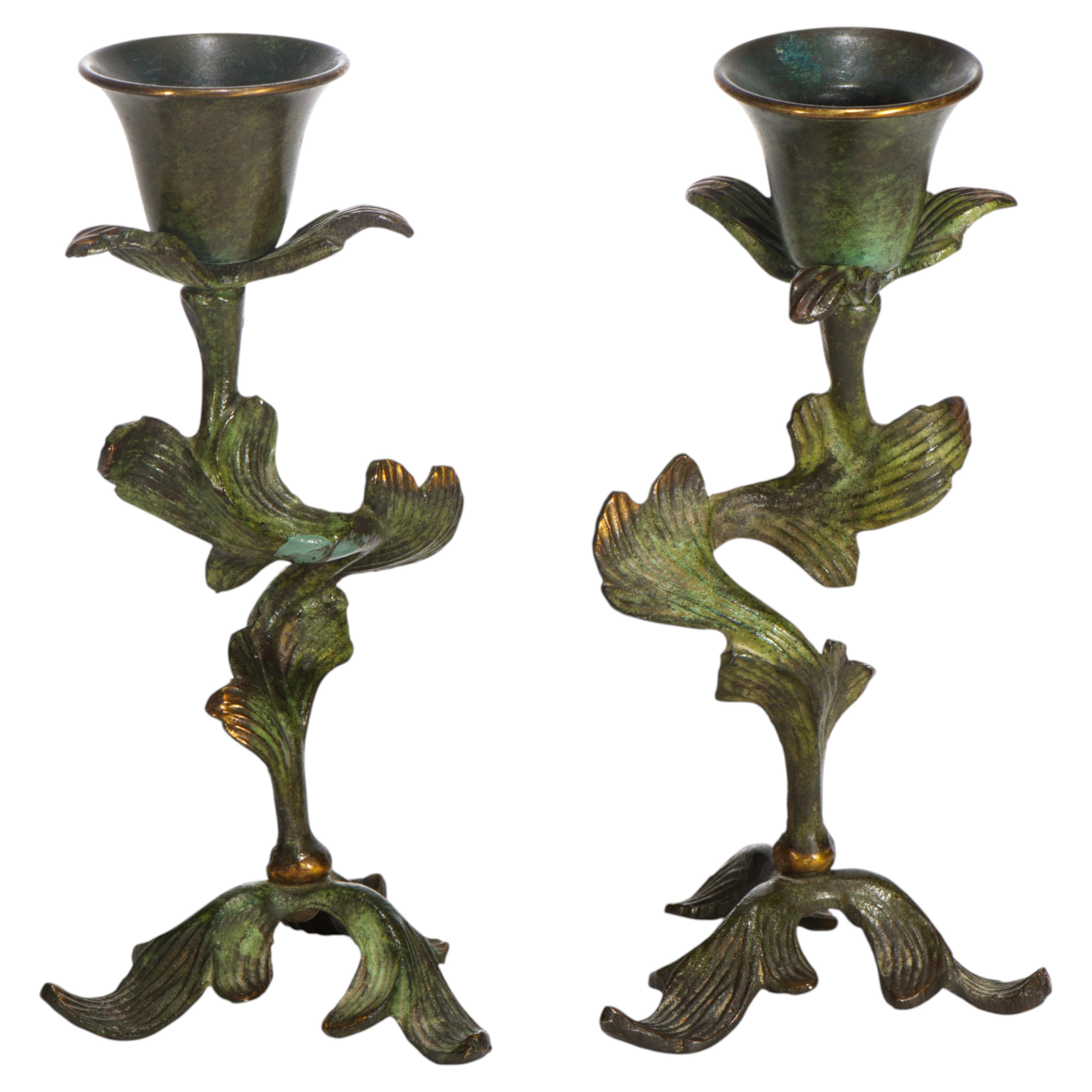 Pair of Bronze Verdigris Art Nouveau Sculptural Candle Holders