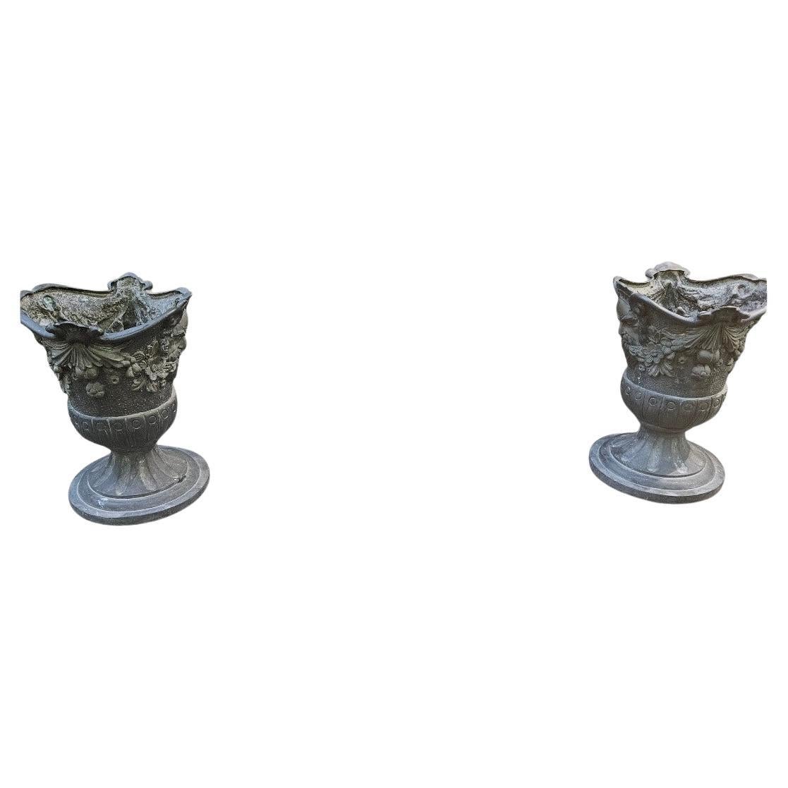 Pair of Bronze Victorian Scalloped shaped urns For Sale