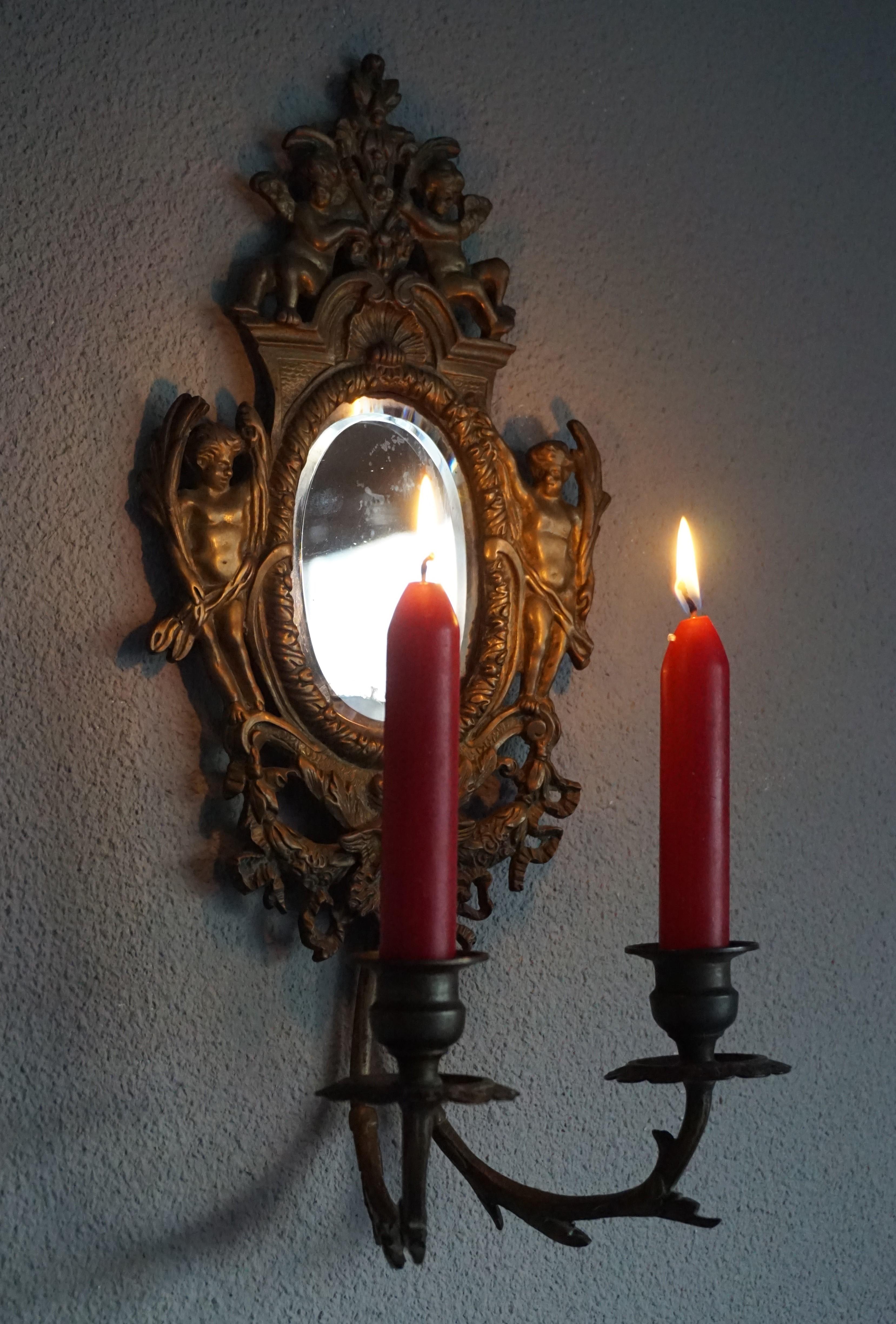 Antique Pair of Bronze Wall Sconce Candelabras w. Mirrors, Angels & Medusa Masks 1