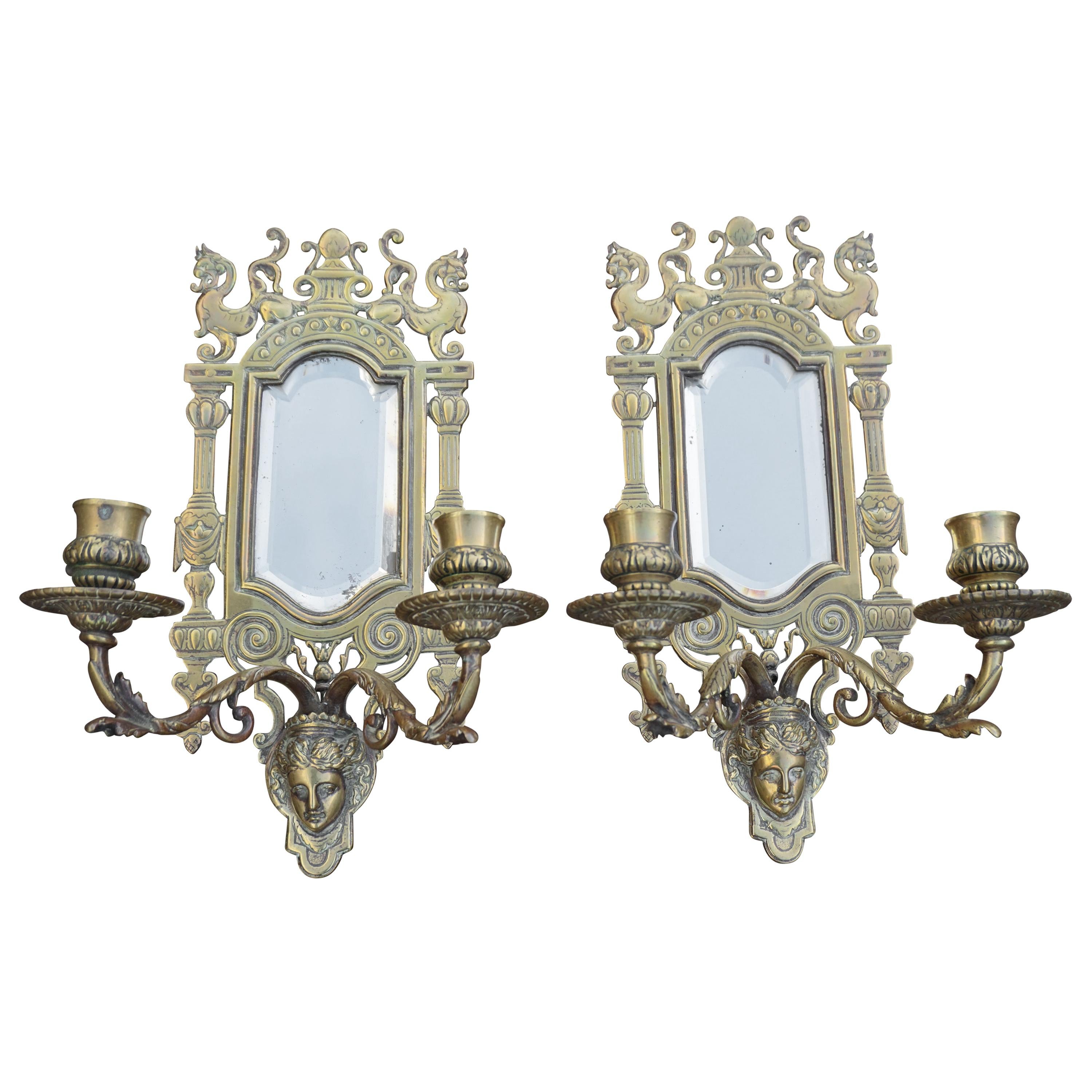 Pair of Bronze Wall Sconce Candleholders with Mirrors & Griffins and More For Sale