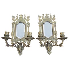 Antique Pair of Bronze Wall Sconce Candleholders with Mirrors & Griffins and More