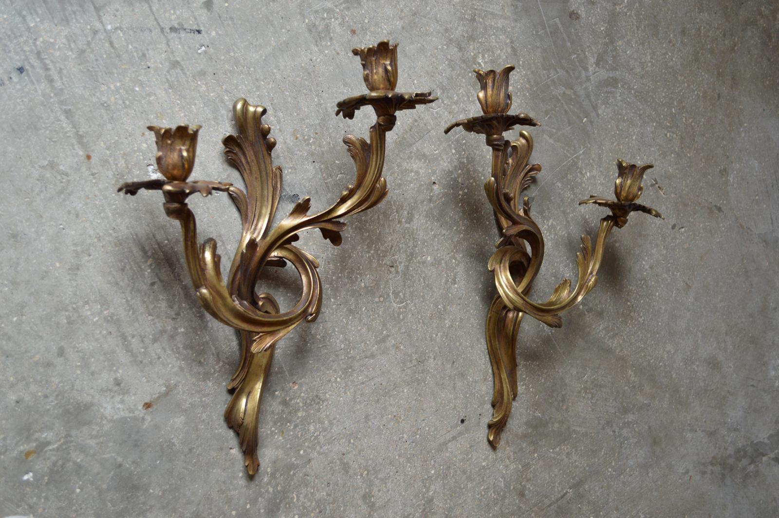 French Pair of Bronze Wall Sconces Candelabra Rococo Louis XV Style, 1890s