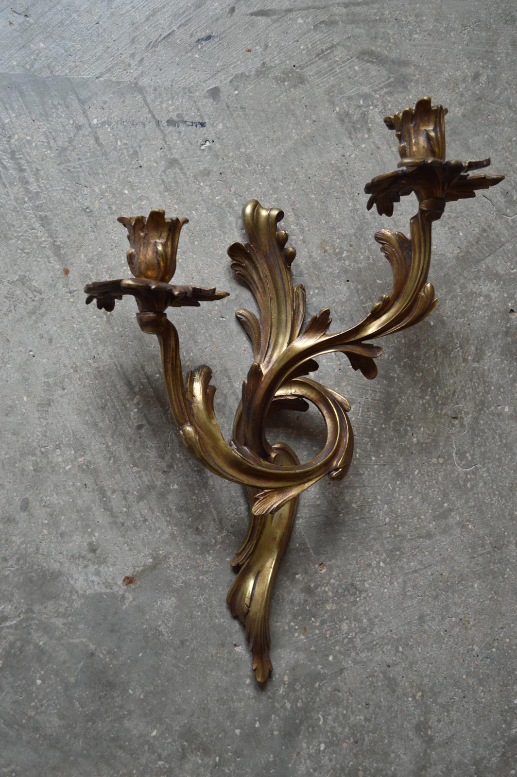 Patinated Pair of Bronze Wall Sconces Candelabra Rococo Louis XV Style, 1890s