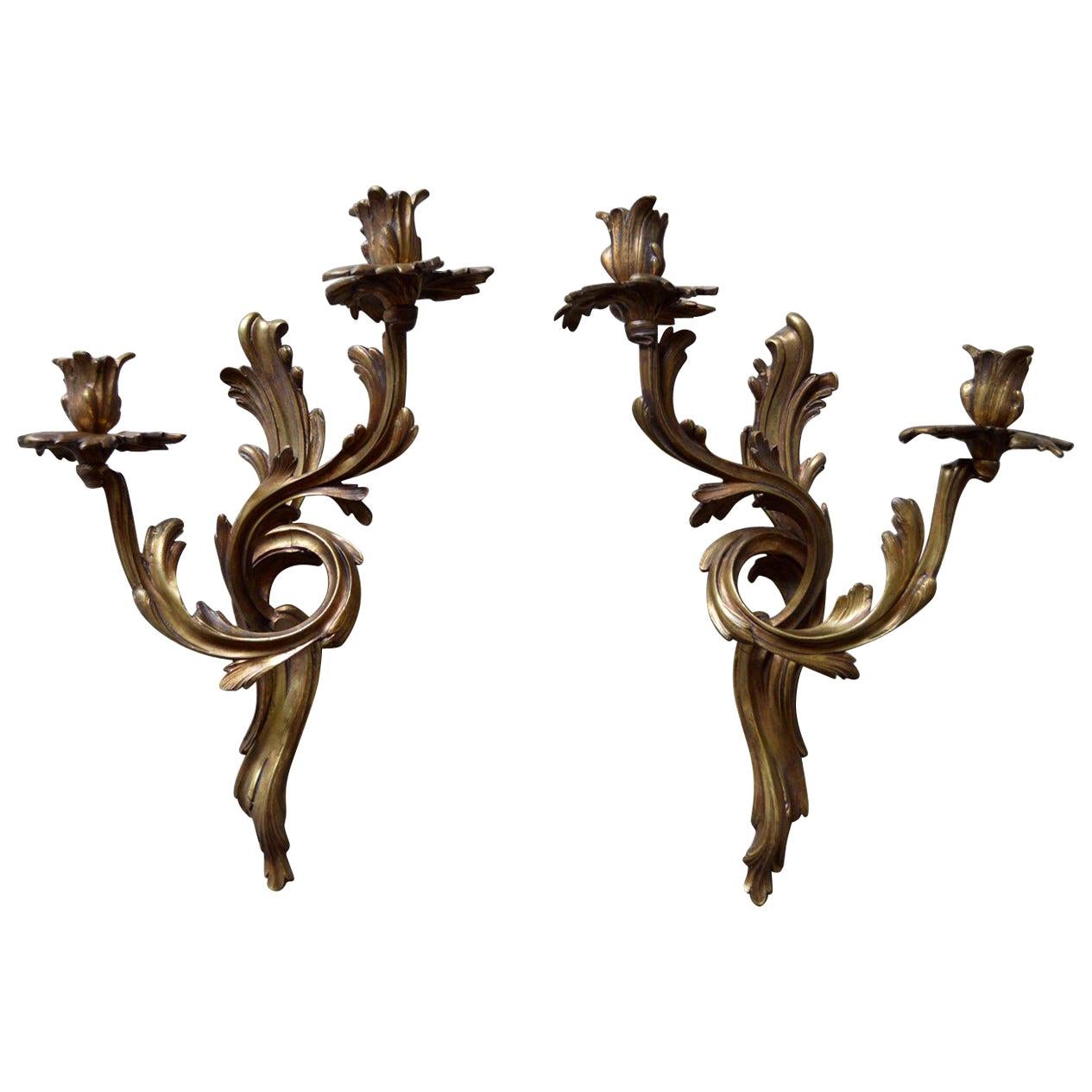 Pair of Bronze Wall Sconces Candelabra Rococo Louis XV Style, 1890s