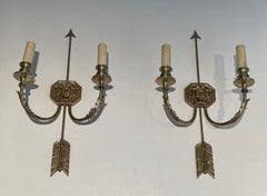 Pair of Bronze Wall Sconces with Arrows & Effigy of the Sun King by Louis Gau