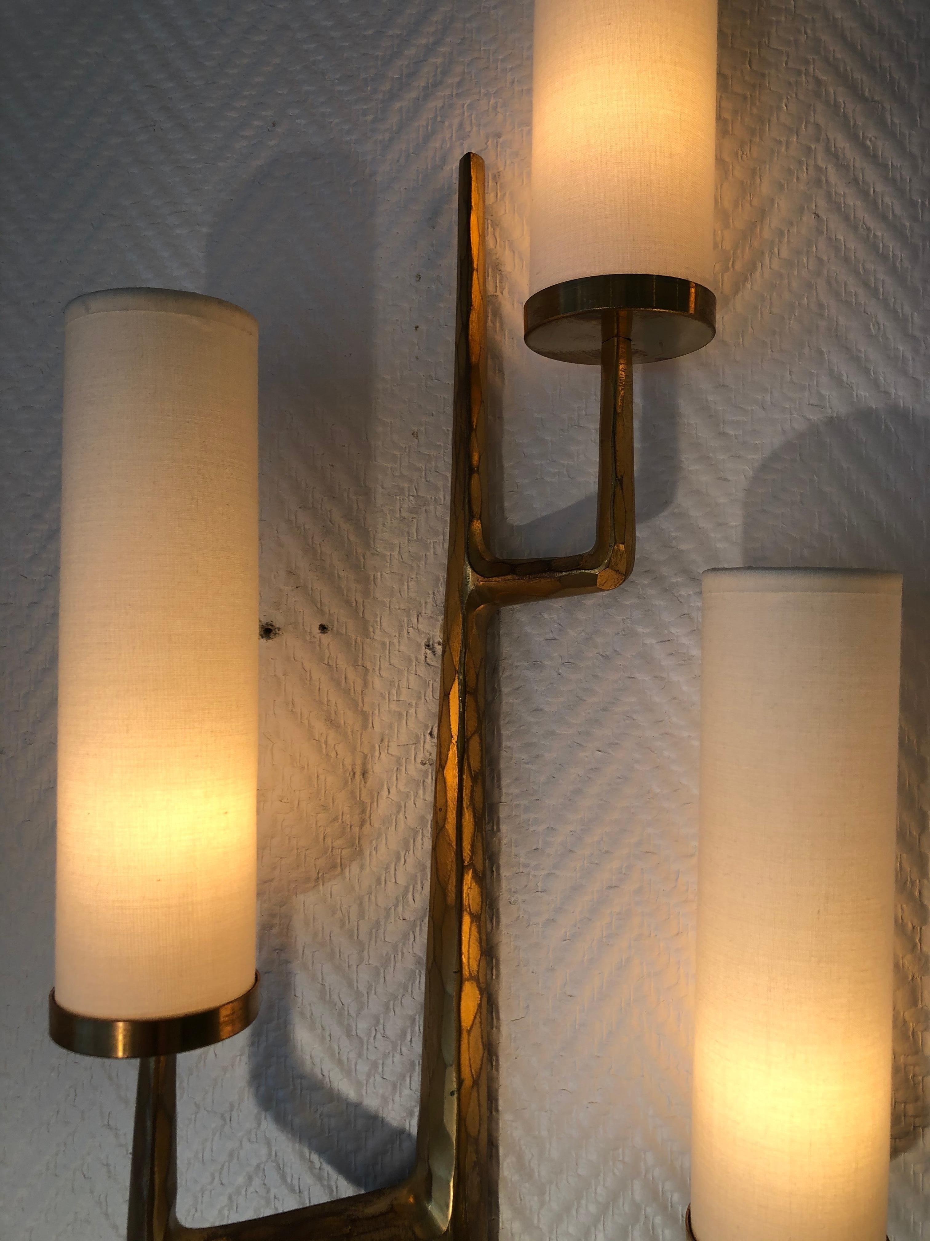 Pair of Bronze Wall Sconces with Three-Light Arms by Maison Arlus, 1950 5