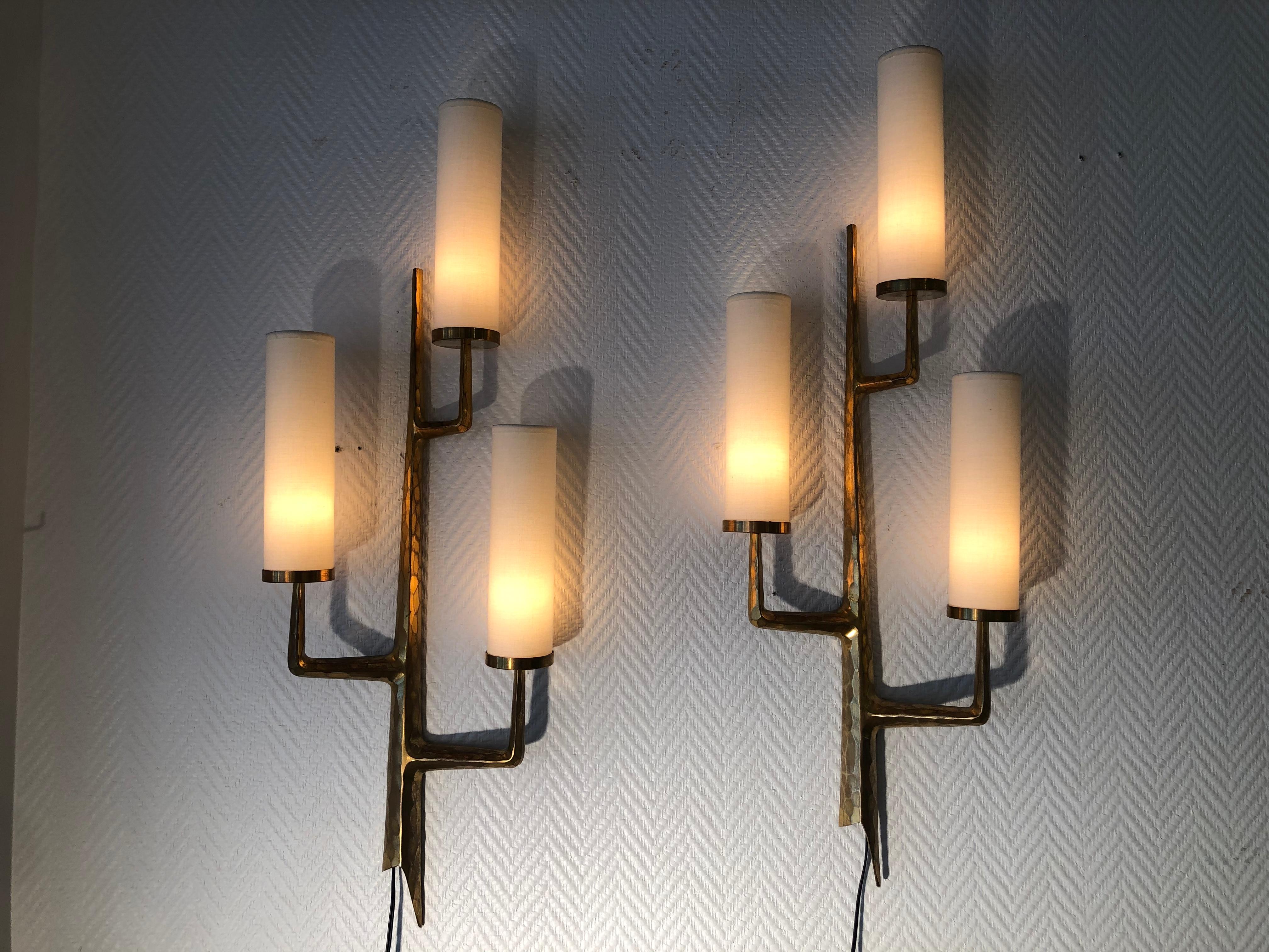 Pair of Bronze Wall Sconces with Three-Light Arms by Maison Arlus, 1950 7