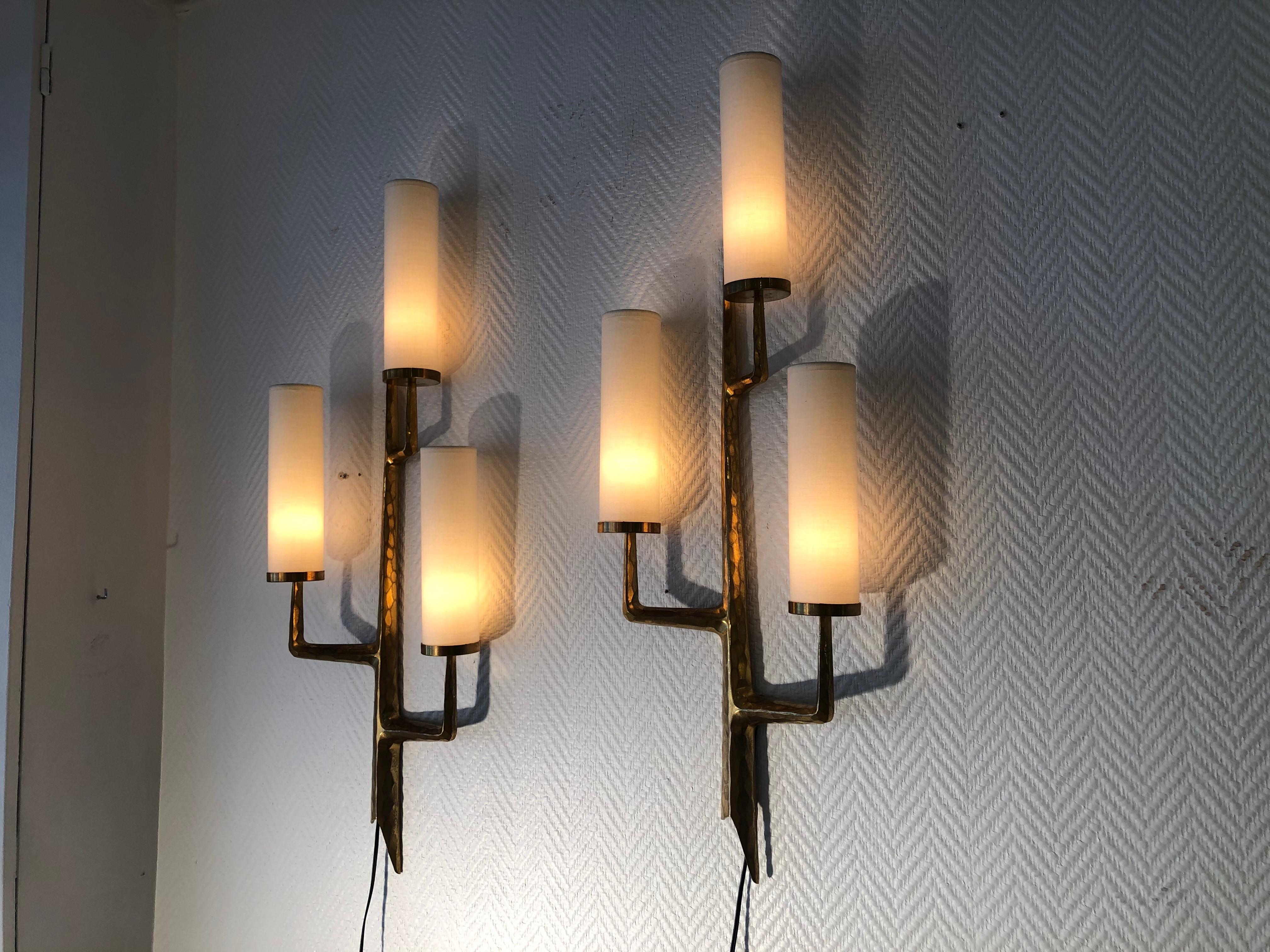 Pair of Bronze Wall Sconces with Three-Light Arms by Maison Arlus, 1950 8