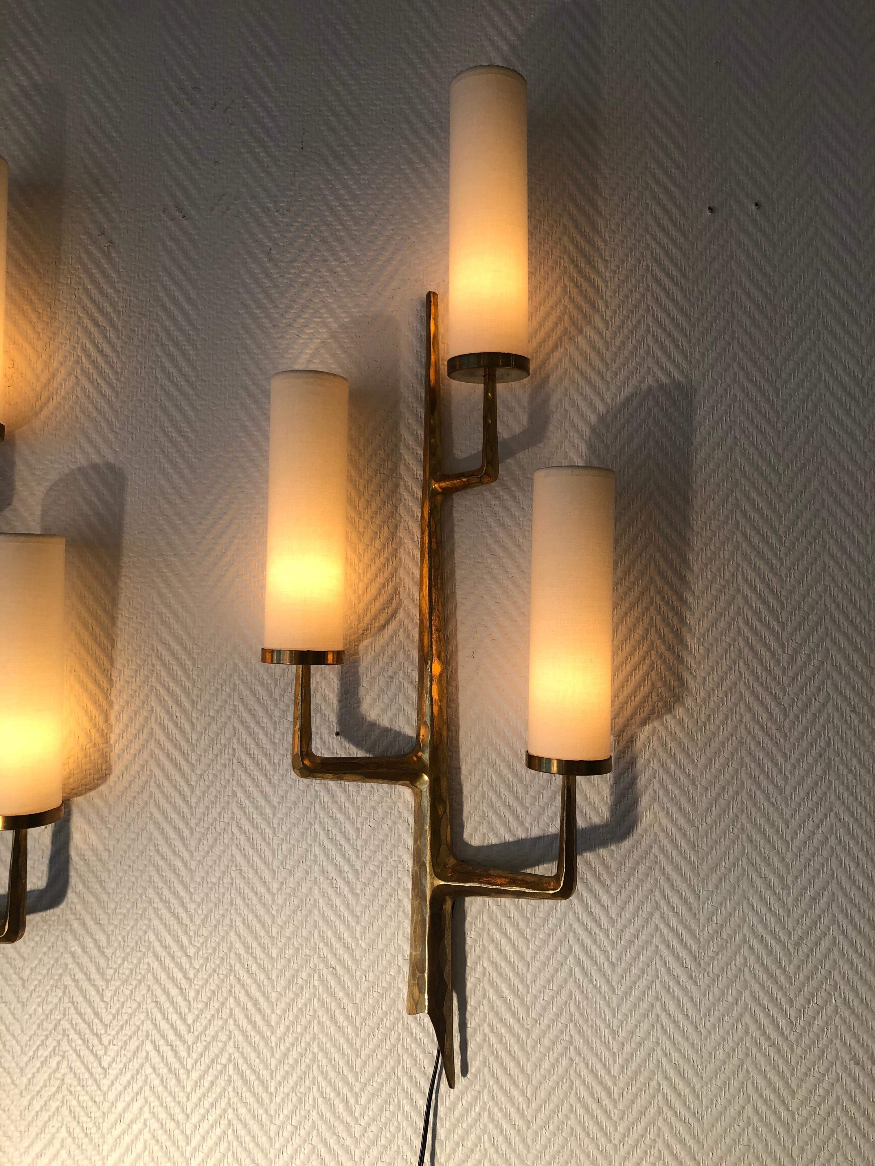 Pair of Bronze Wall Sconces with Three-Light Arms by Maison Arlus, 1950 9