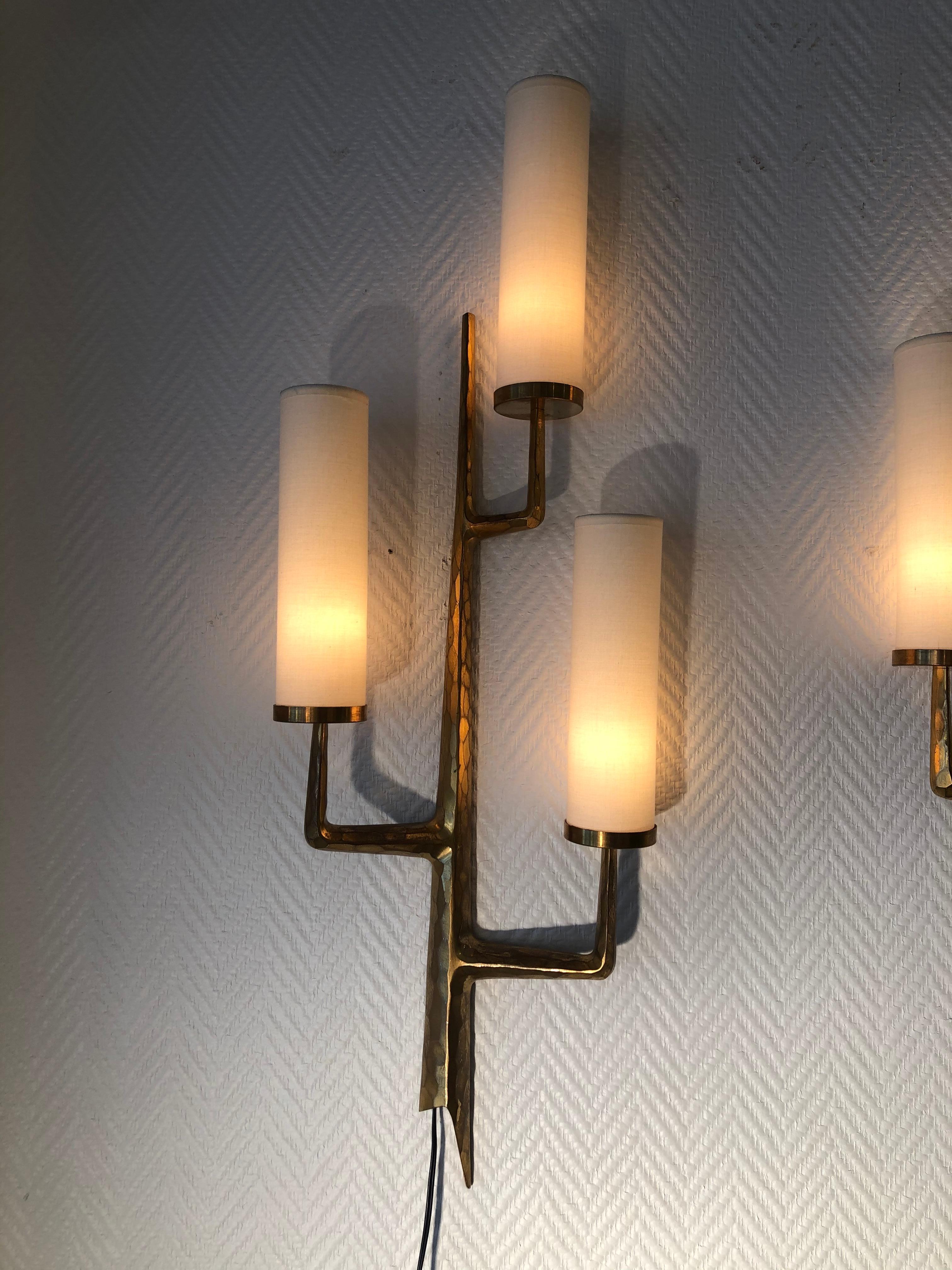 Pair of Bronze Wall Sconces with Three-Light Arms by Maison Arlus, 1950 10