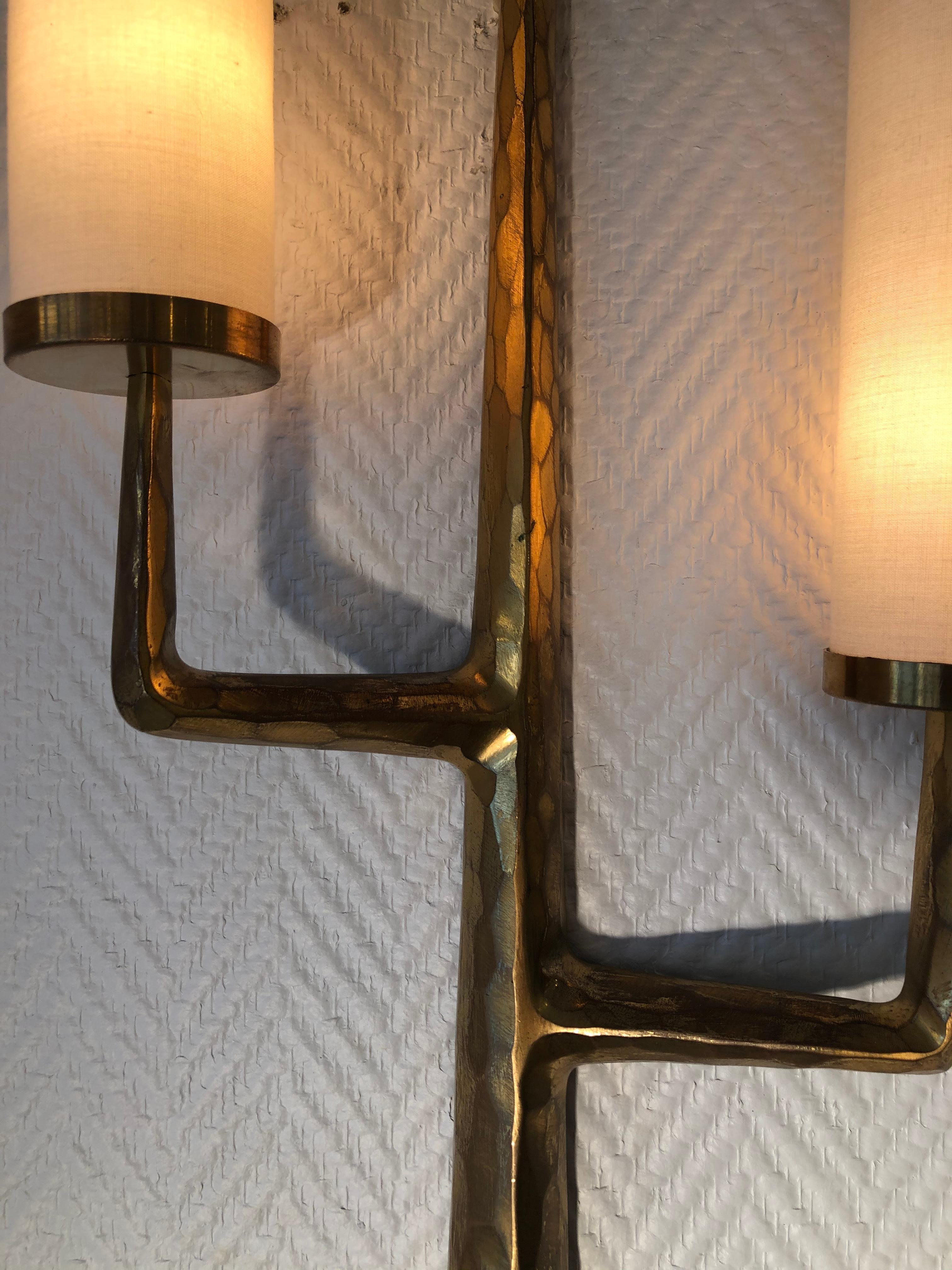 Pair of Bronze Wall Sconces with Three-Light Arms by Maison Arlus, 1950 11