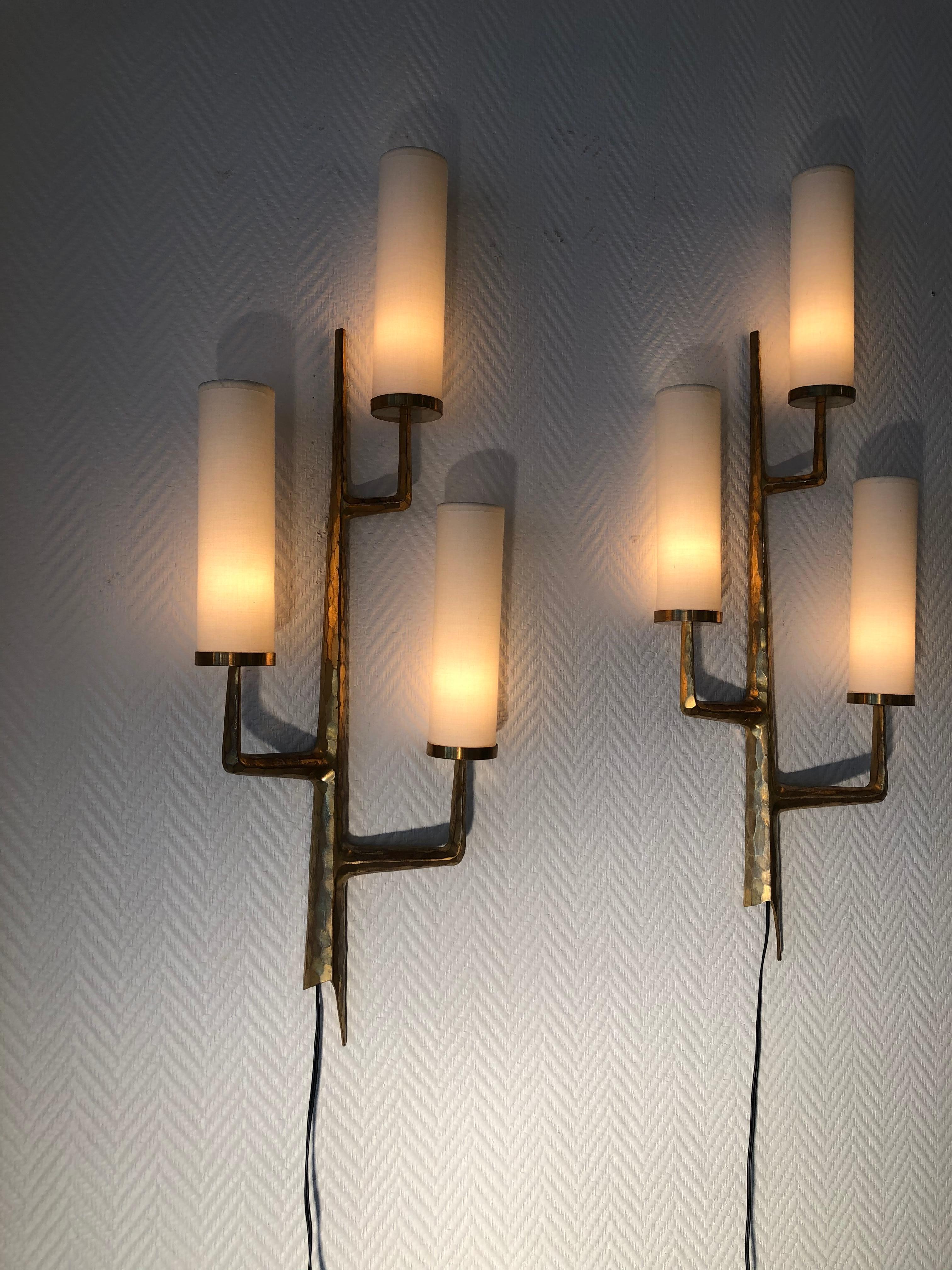 Pair of Bronze Wall Sconces with Three-Light Arms by Maison Arlus, 1950 12