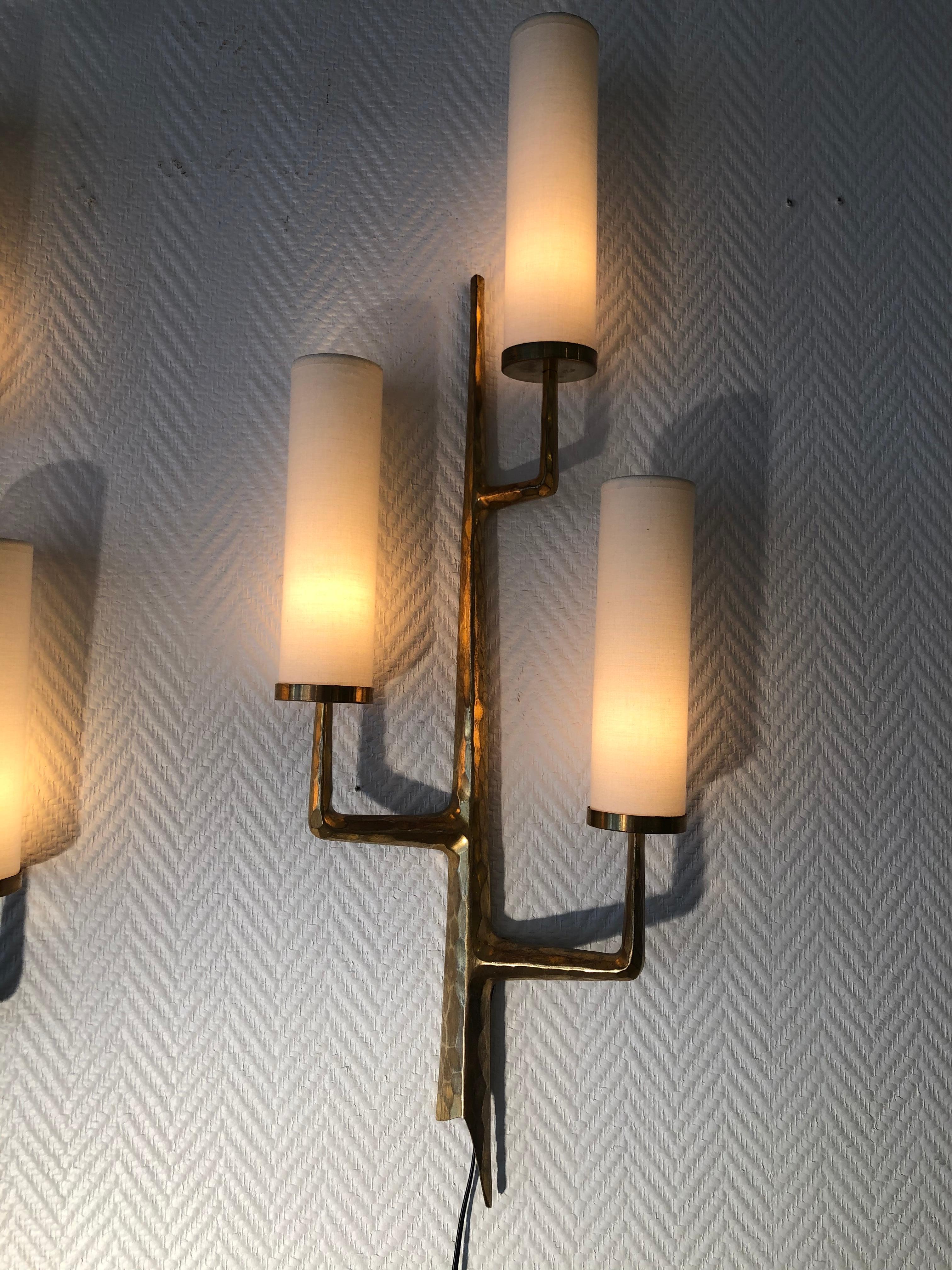 Pair of bronze wall sconces with three light arms by Maison Arlus
From 1950 -bronze and lampshade
Perfect condition.