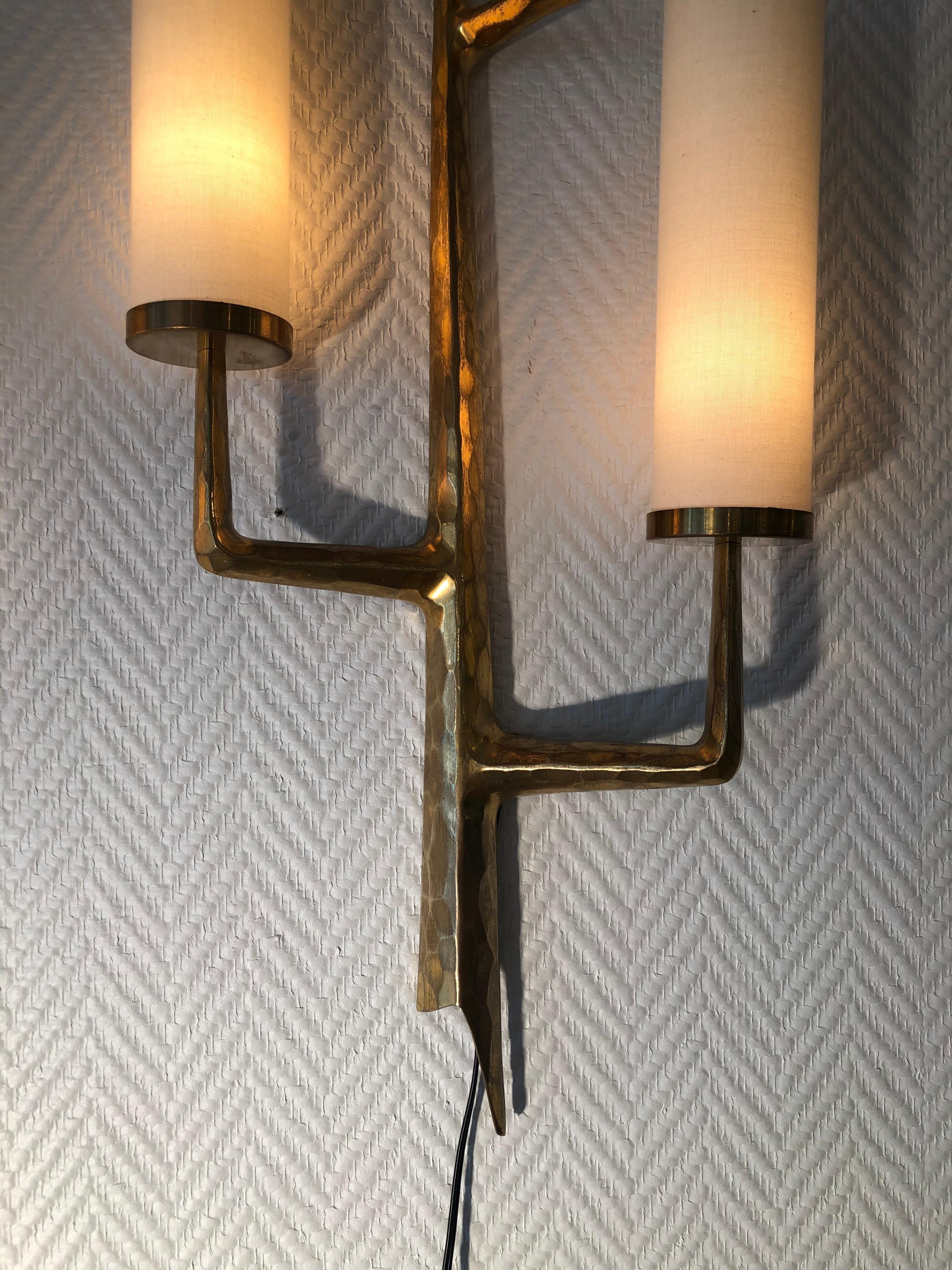 Mid-Century Modern Pair of Bronze Wall Sconces with Three-Light Arms by Maison Arlus, 1950
