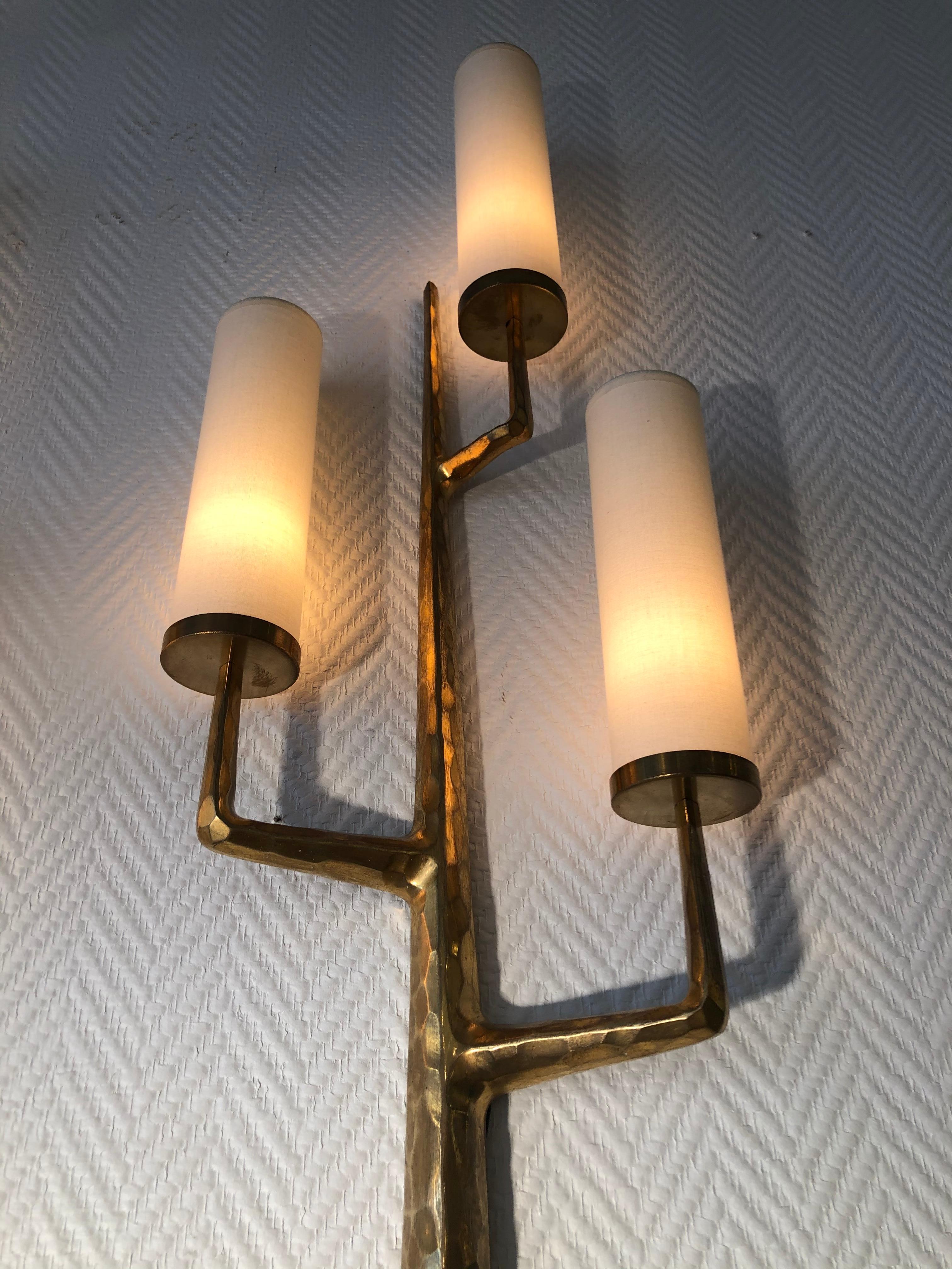 French Pair of Bronze Wall Sconces with Three-Light Arms by Maison Arlus, 1950