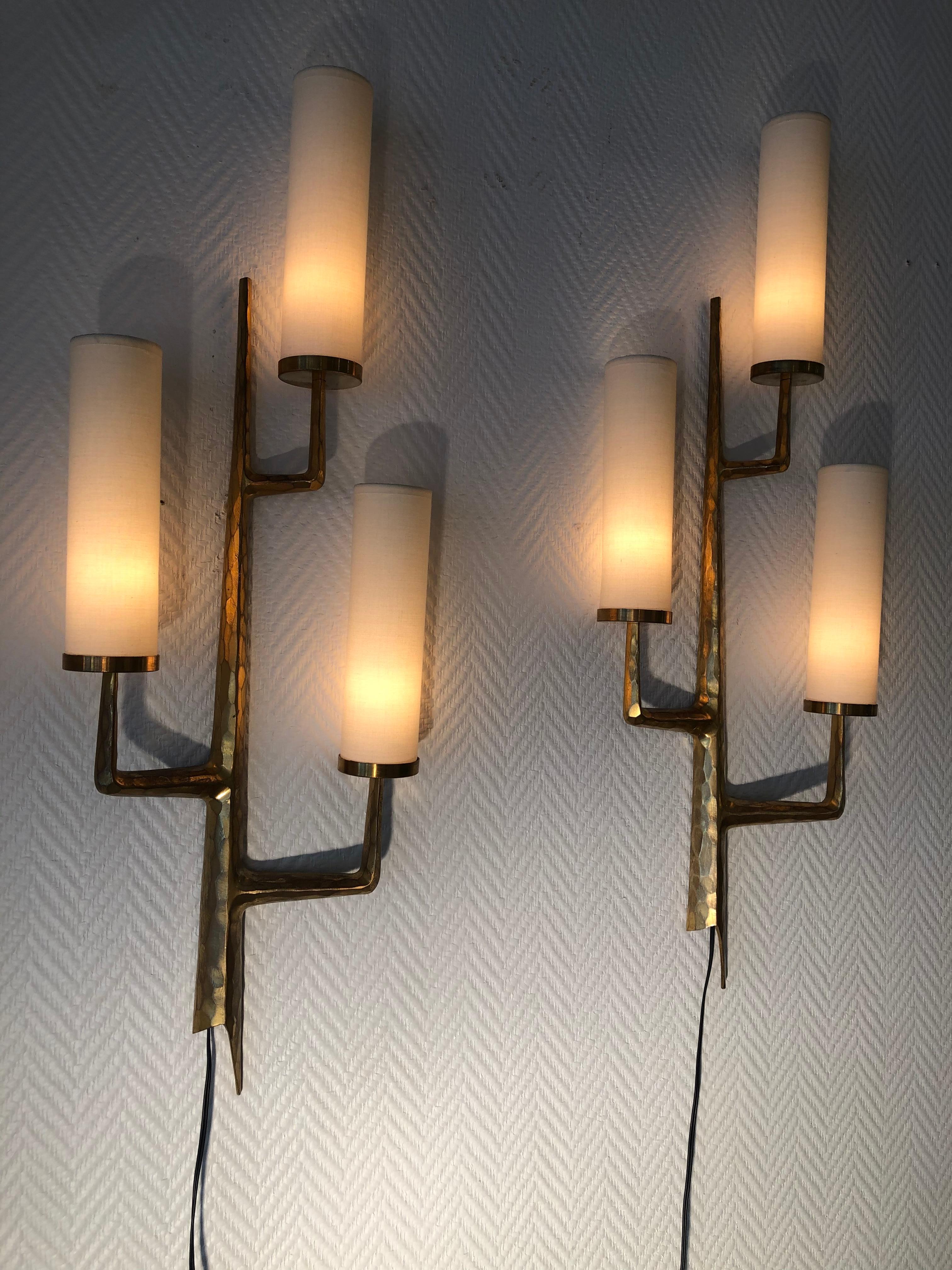 Pair of Bronze Wall Sconces with Three-Light Arms by Maison Arlus, 1950 1