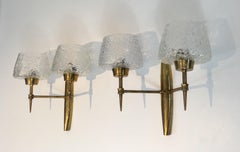 Pair of Bronze wall Sconces with Worked Glass Reflectors, Italian, circa 1960