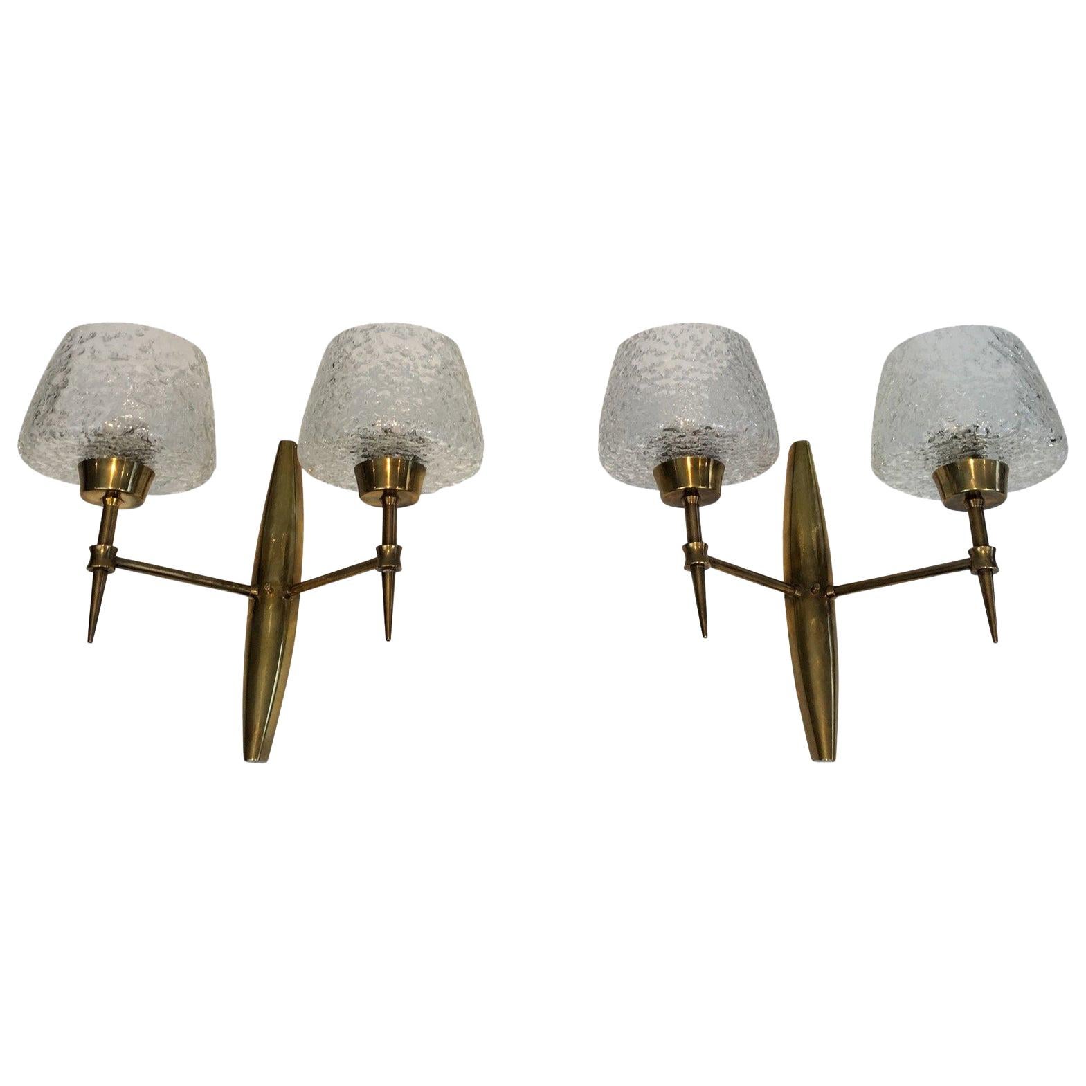 Pair of Bronze wall Sconces with Worked Glass Reflectors, Italian, circa 1960