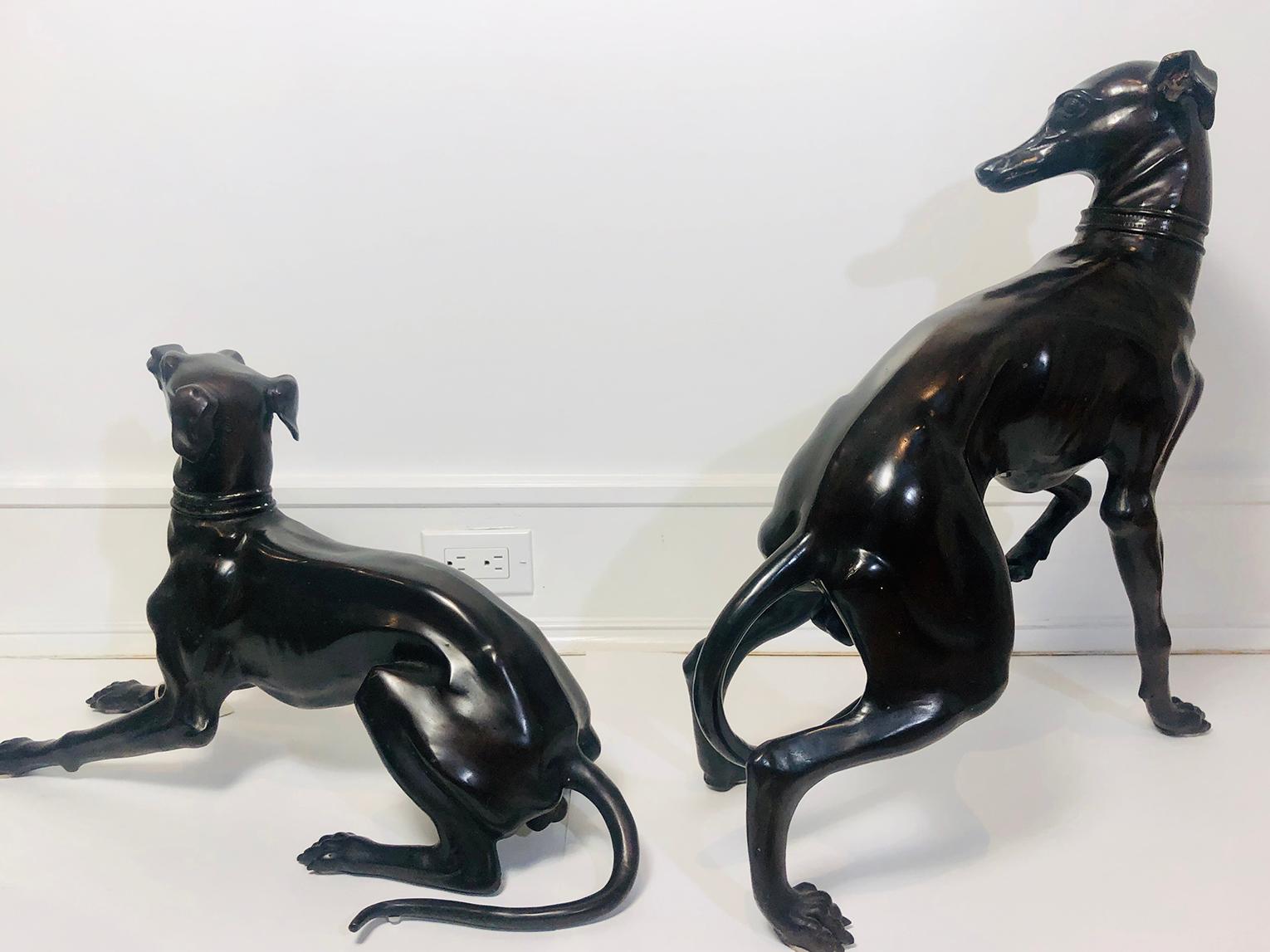 20th Century Pair of Bronze Whippet Statues