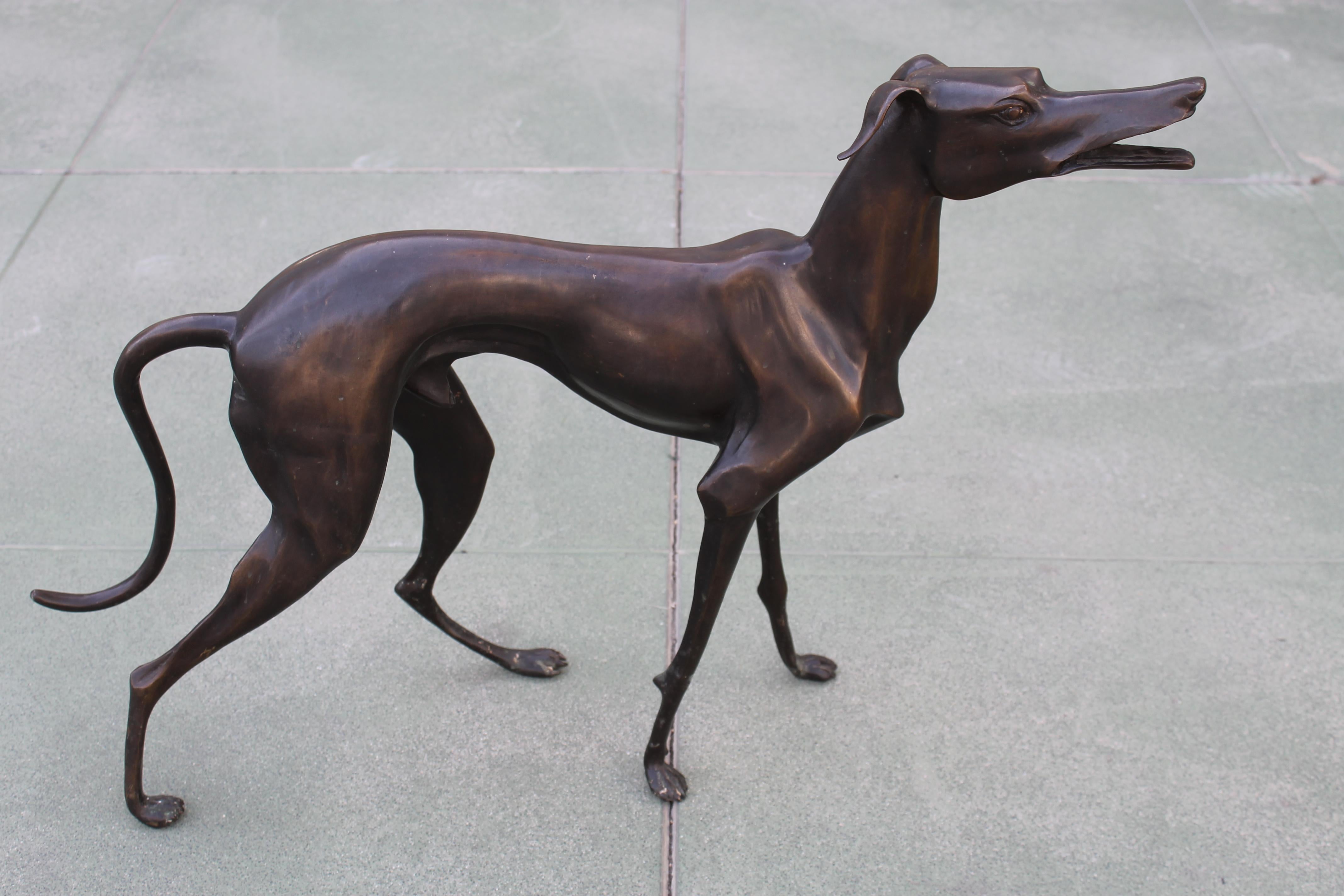 Beautiful pair of life-size bronze whippets. These bronze dogs measure about 30