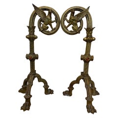 Pair of Bronze Wing Griffin Andirons with Enameled Coat of Arms