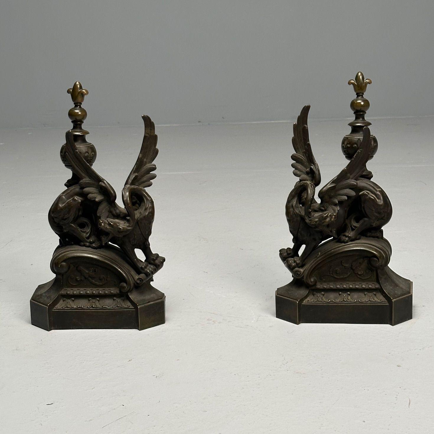 Pair of Bronze Winged Griffin Andirons, Figural, 19th/20th Century


A pair of finely detailed andirons each having an opposing winged griffin guarding the gates of the palace. Late 19th to early 20th century.


H 19
W 11
D 4.5