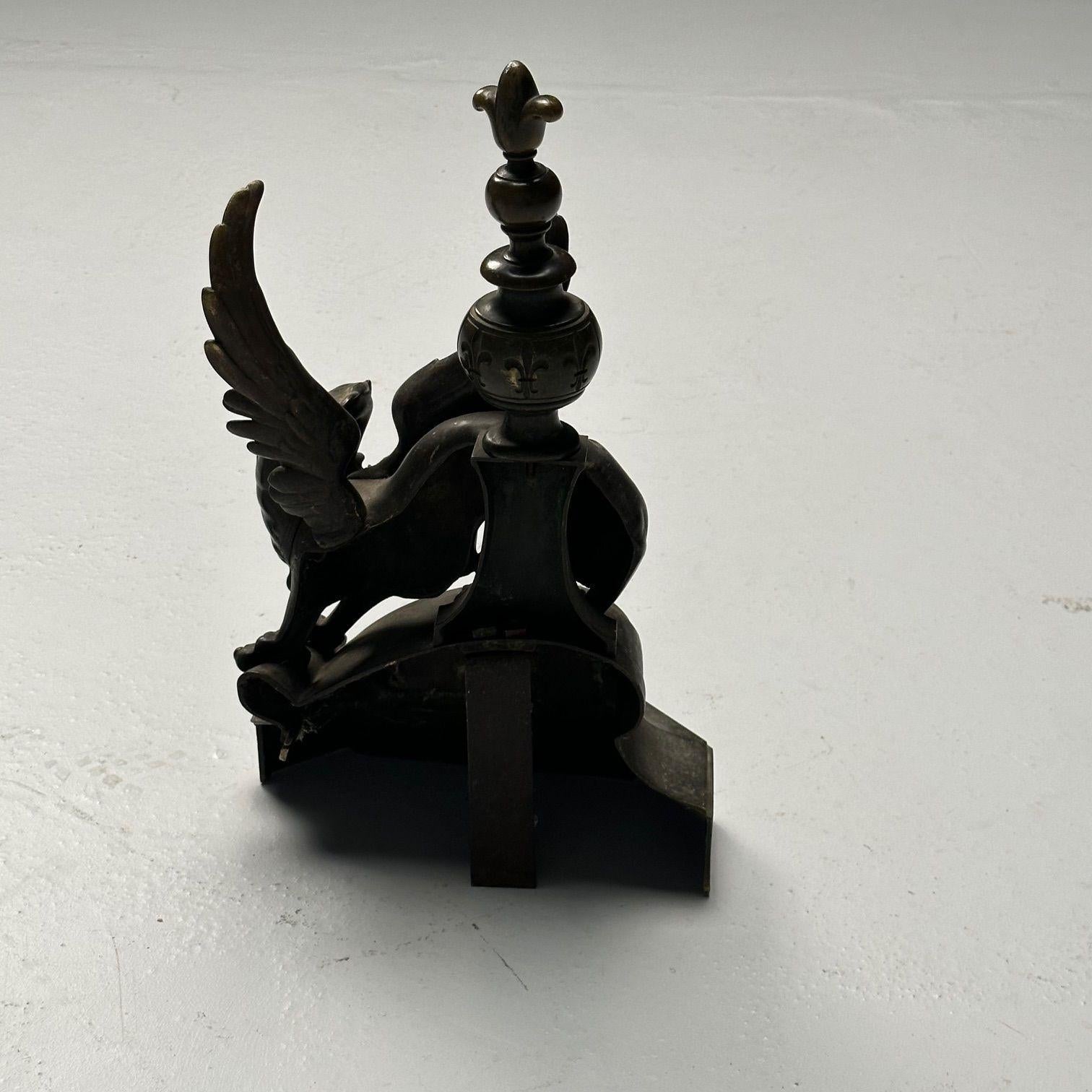 Pair of Bronze Winged Griffin Andirons, Figural, 19th/20th Century In Distressed Condition For Sale In Stamford, CT