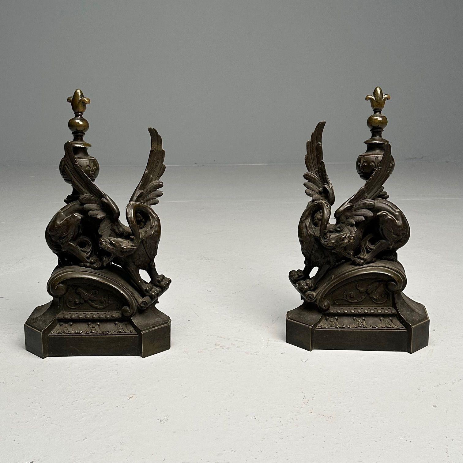 Early 20th Century Pair of Bronze Winged Griffin Andirons, Figural, 19th/20th Century For Sale