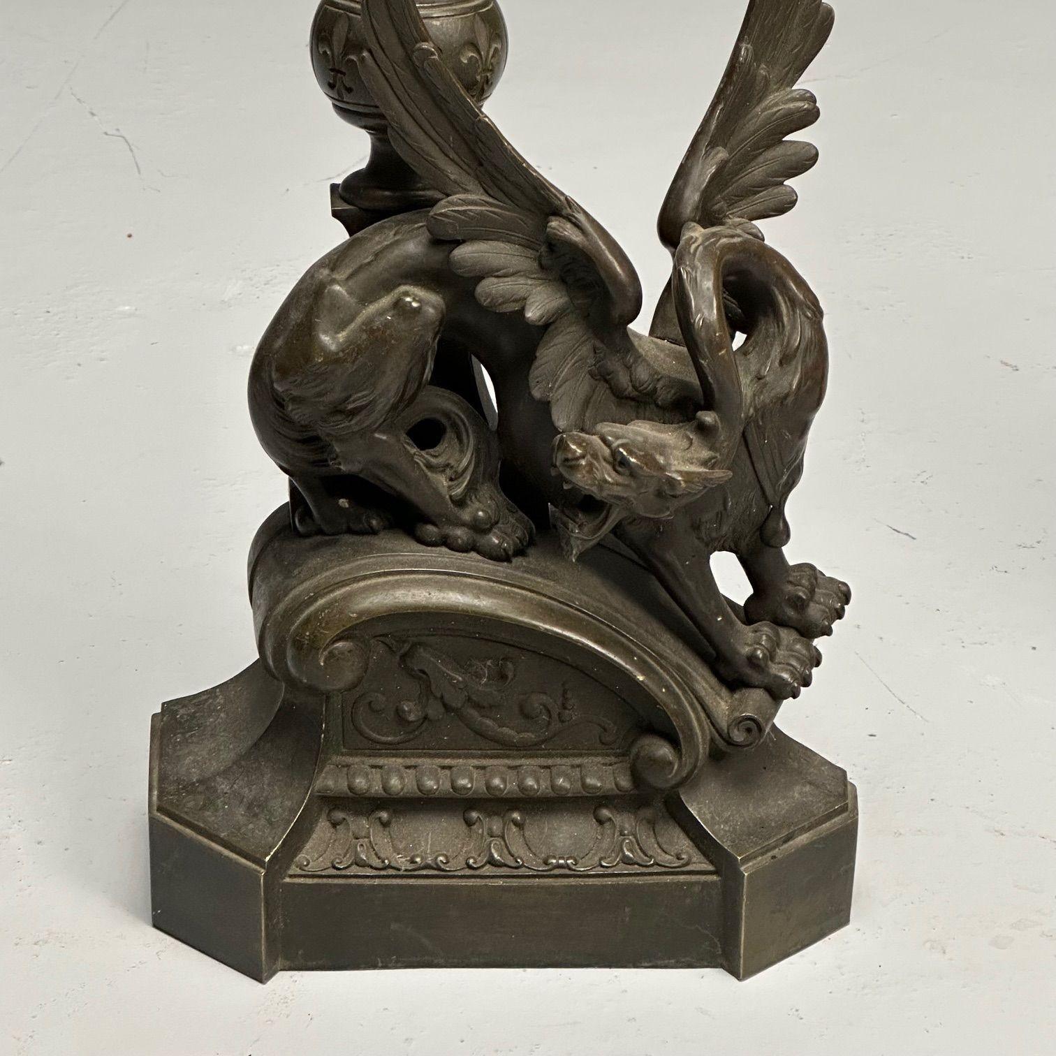 Pair of Bronze Winged Griffin Andirons, Figural, 19th/20th Century For Sale 4