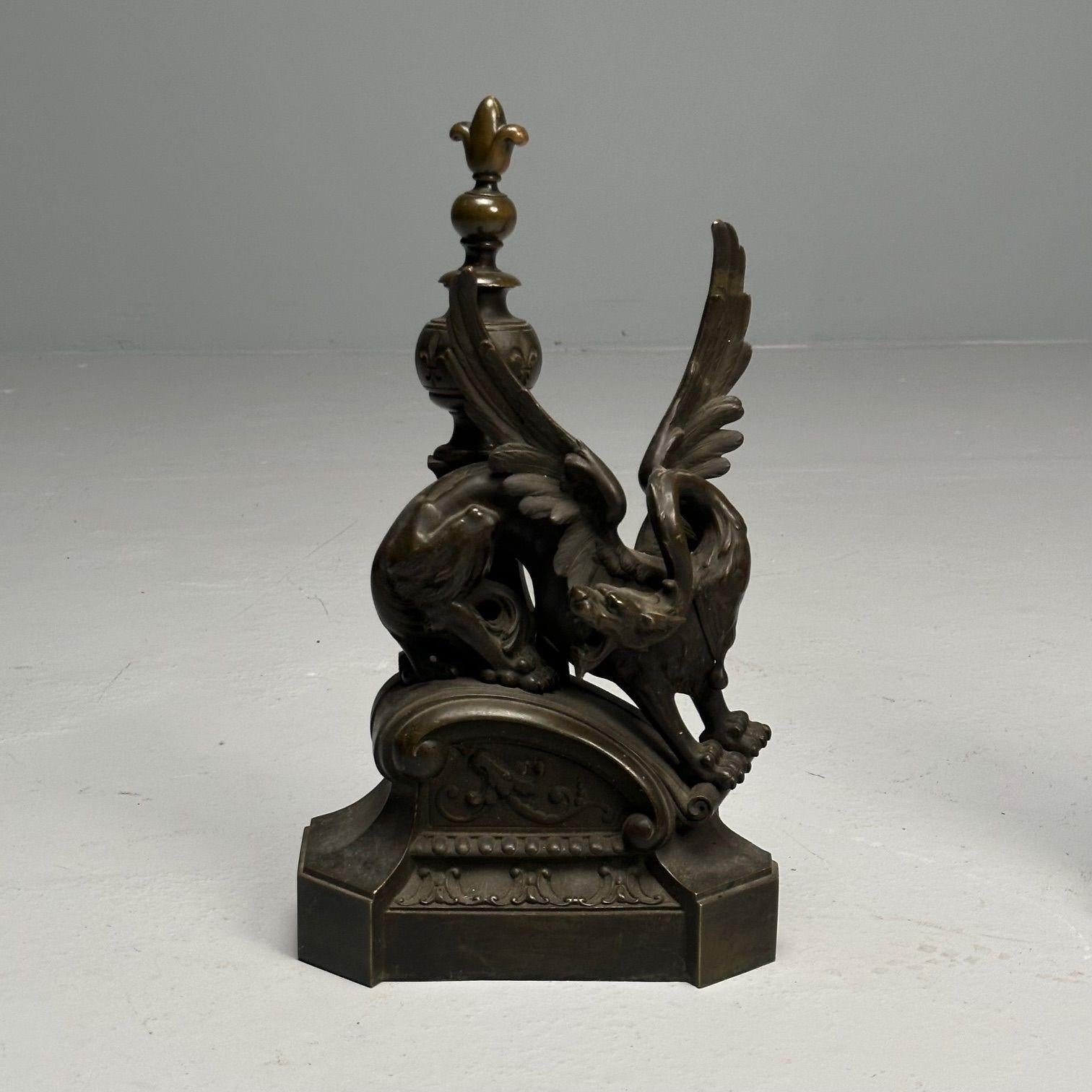Pair of Bronze Winged Griffin Andirons, Figural, 19th/20th Century For Sale 5