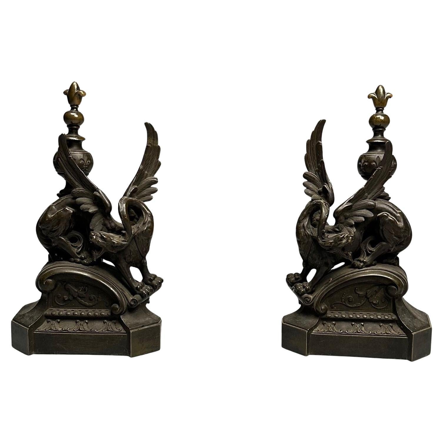 Pair of Bronze Winged Griffin Andirons, Figural, 19th/20th Century For Sale