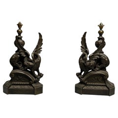 Antique Pair of Bronze Winged Griffin Andirons, Figural, 19th/20th Century