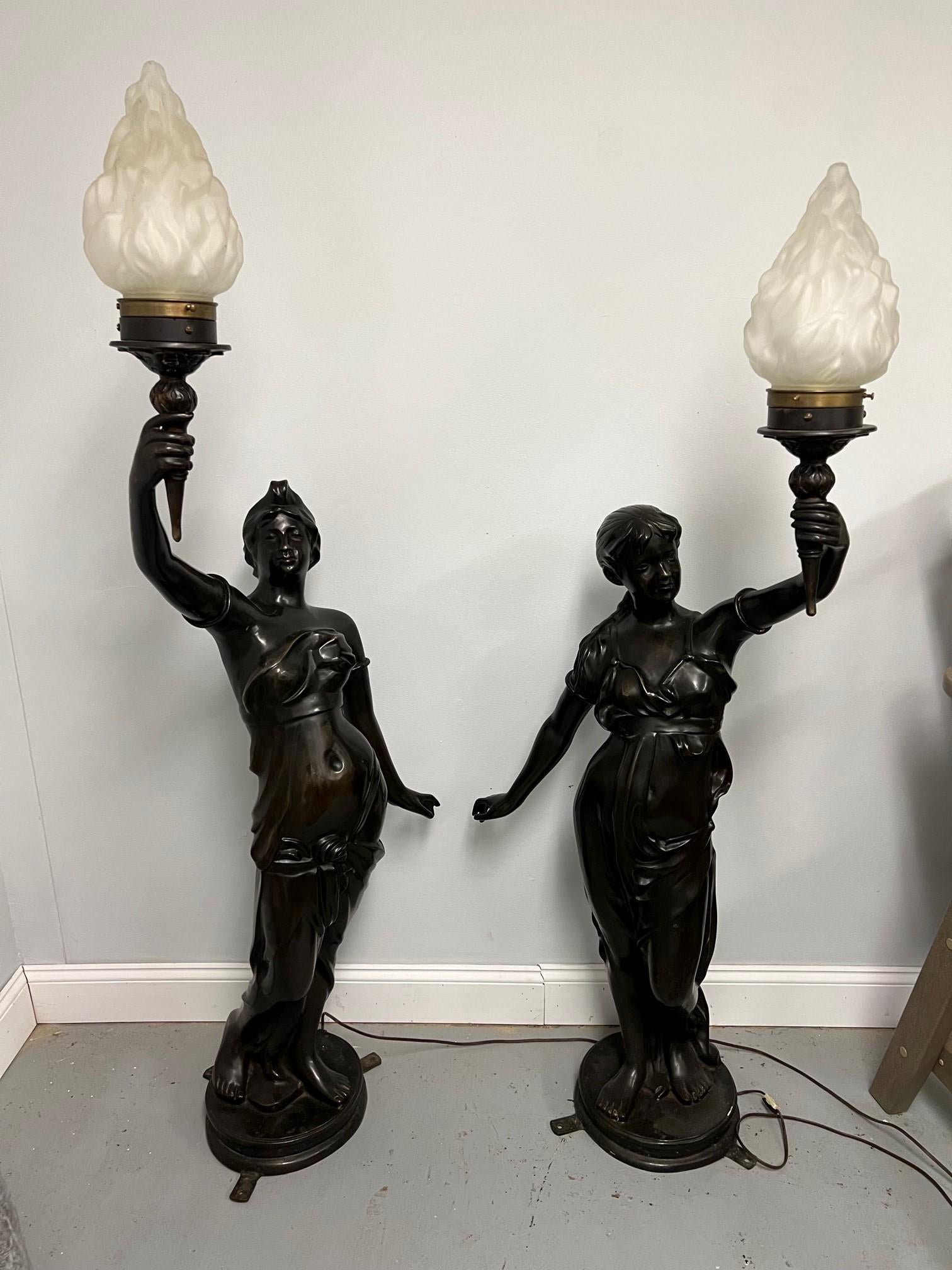 Pair of Bronze Woman Torcheres  For Sale 6