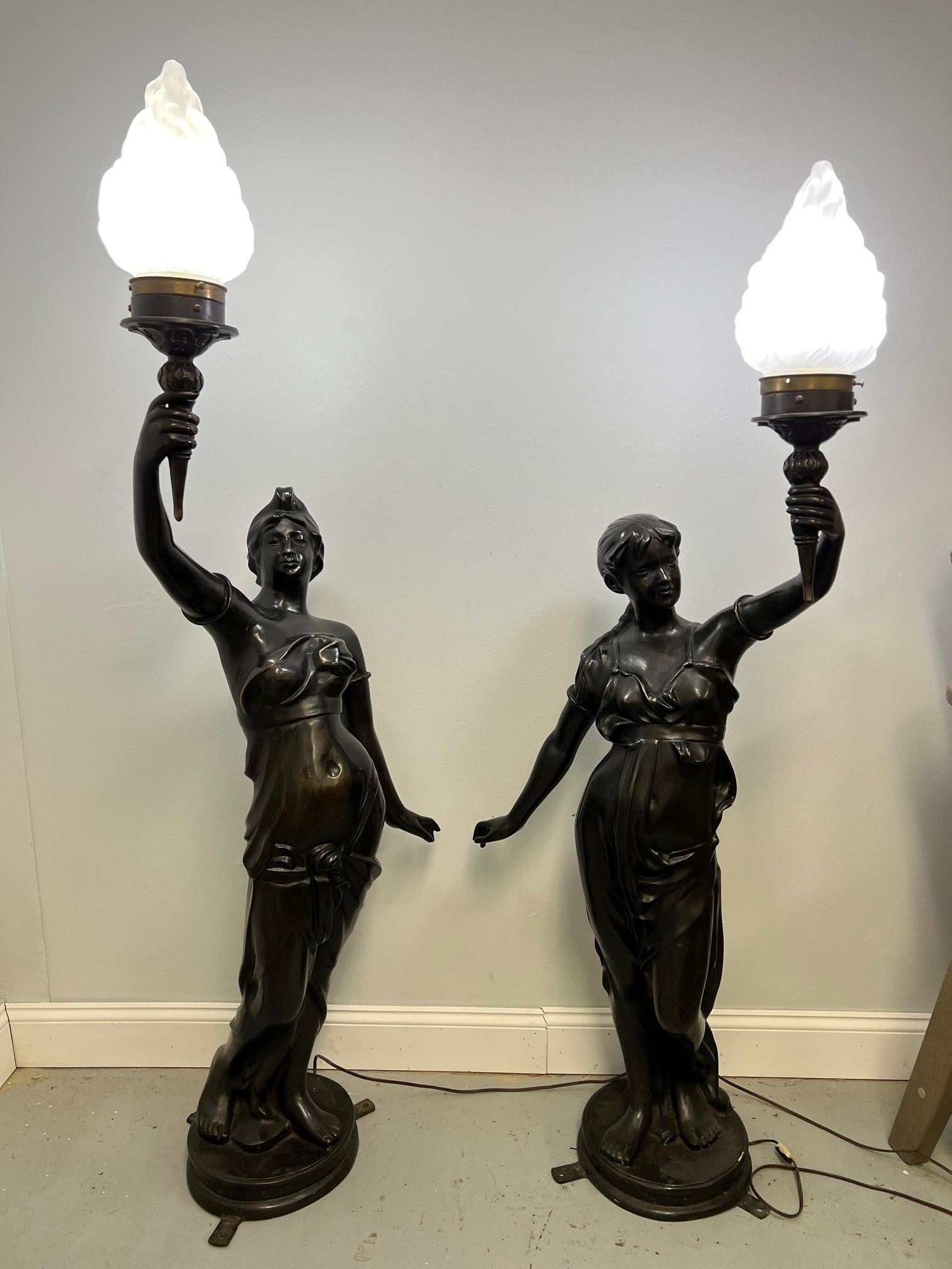 Pair of Bronze Woman Torcheres  In Good Condition For Sale In Stamford, CT