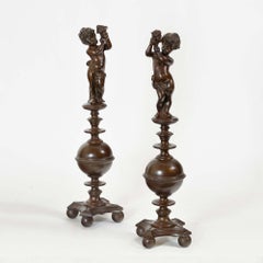 Pair of bronzed cast iron Italian Renaissance style fire andirons