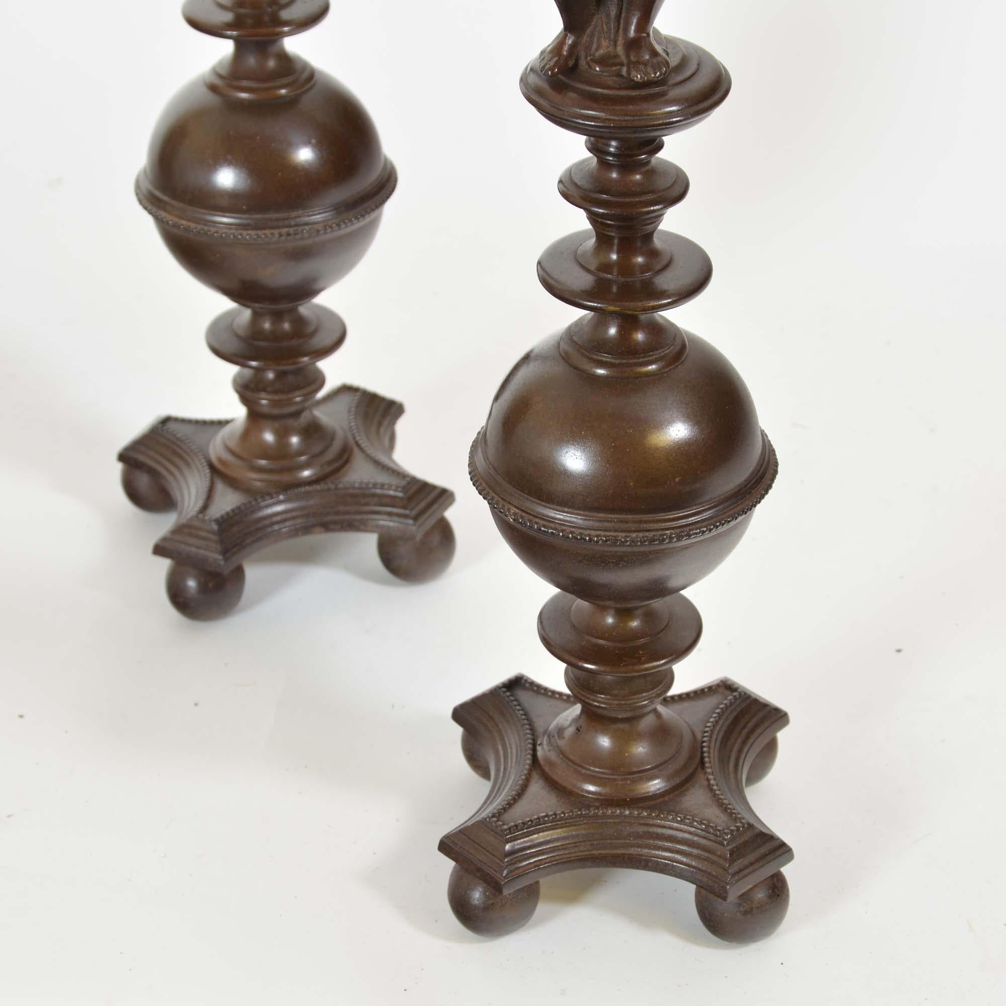 Pair of bronzed cast iron Italian Renaissance style fire andirons In Good Condition For Sale In Castle Douglas, GB