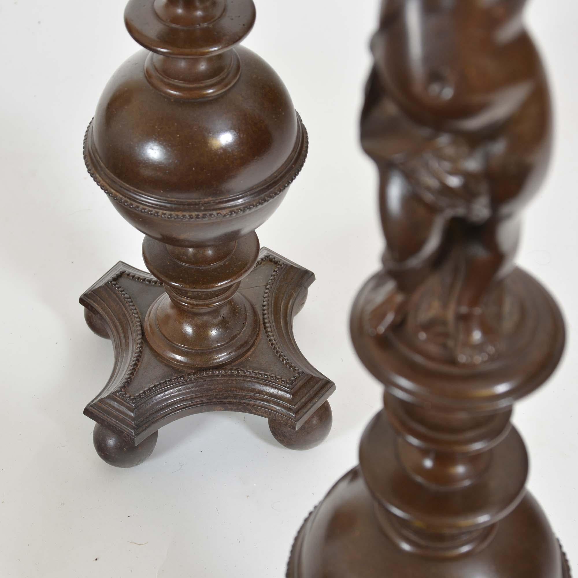 19th Century Pair of bronzed cast iron Italian Renaissance style fire andirons For Sale