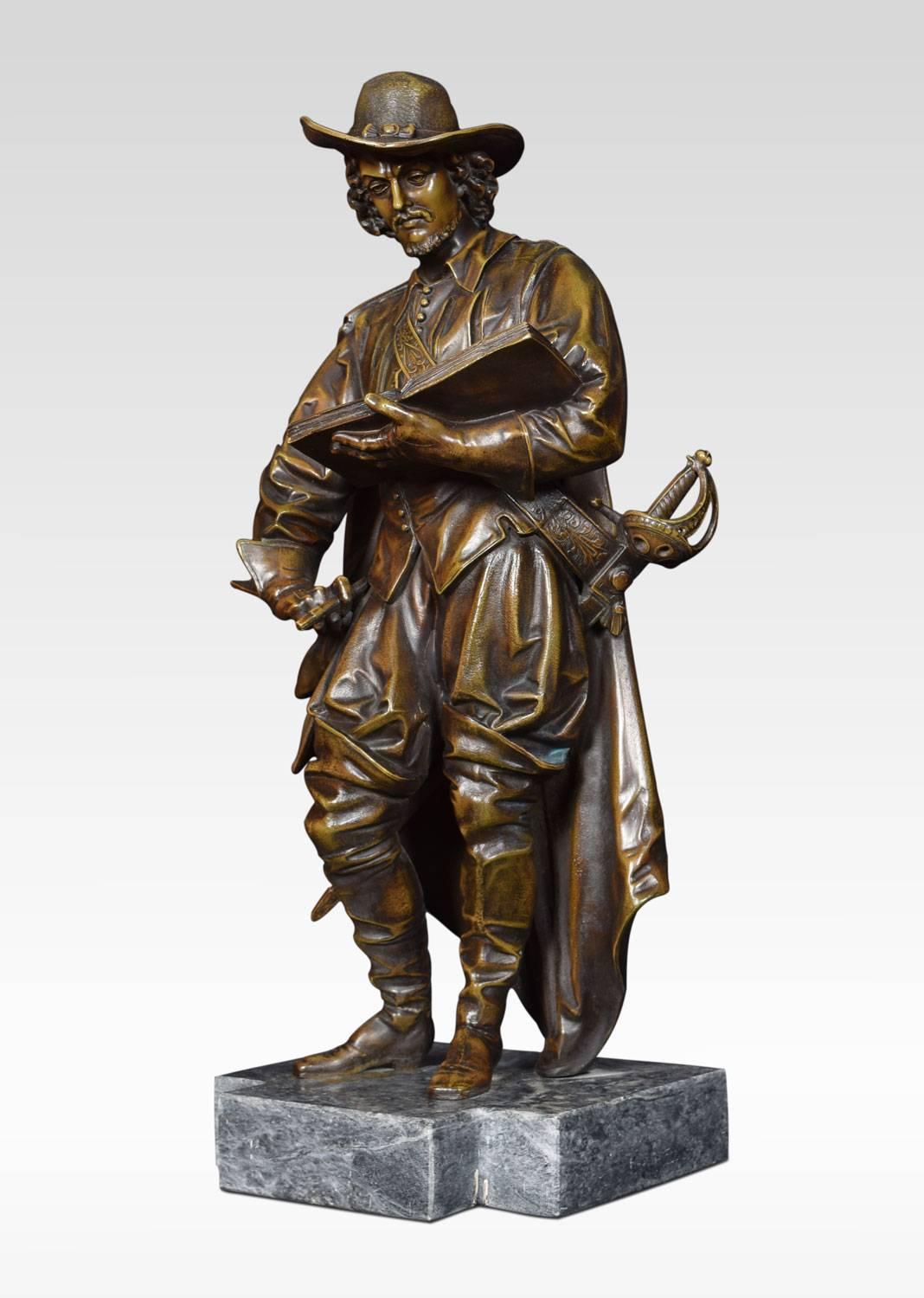 A pair of bronzed 18th century scholars in typical dress, raised up on marble plinth bases.
Dimensions
Height 25 inches
Width 10 inches
Depth 8 inches.